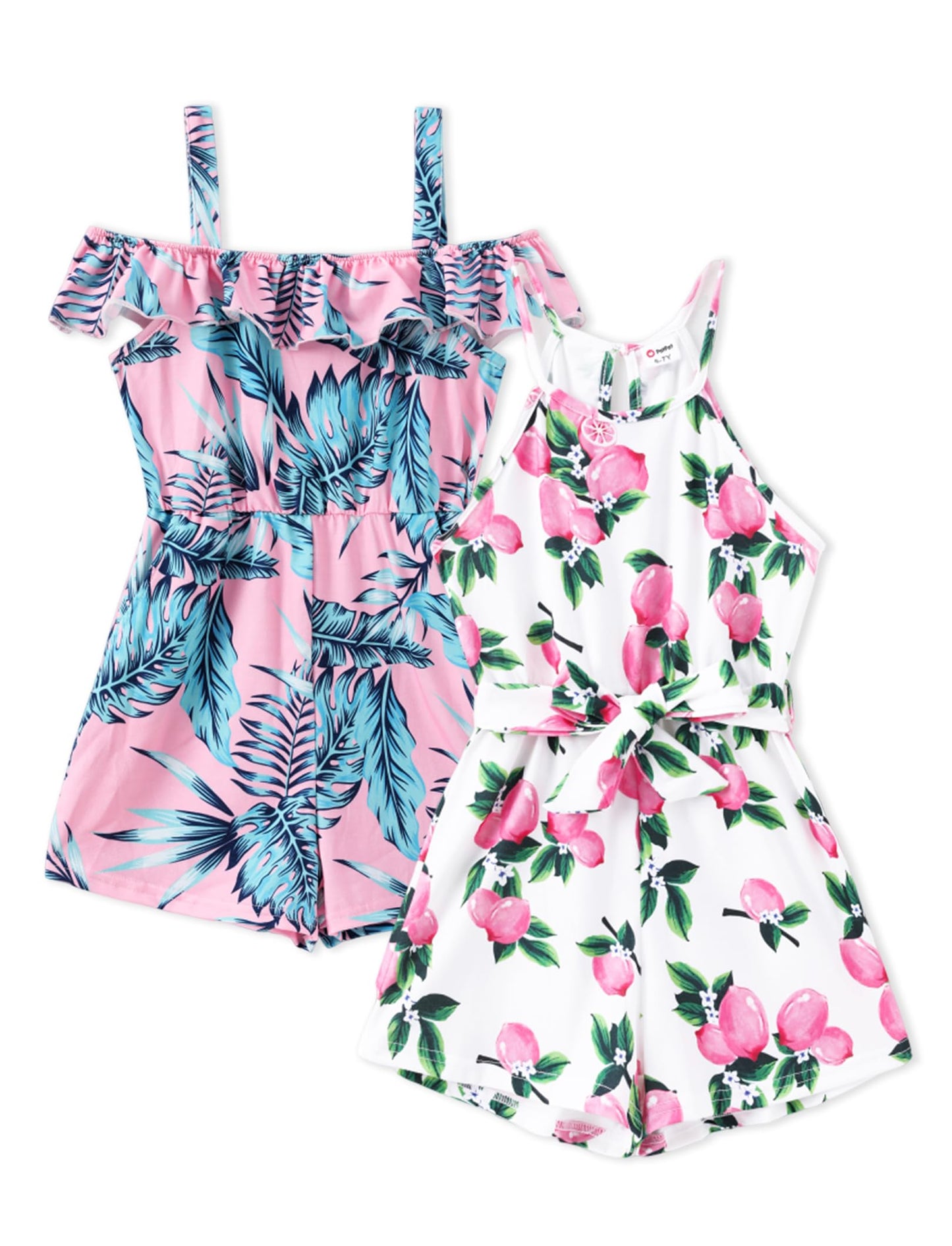 PATPAT Girls 2 Pack Rompers Spaghetti Strap Floral Print Short Jumpsuits with Pockets Cute Summer Outfits 5-12 Years