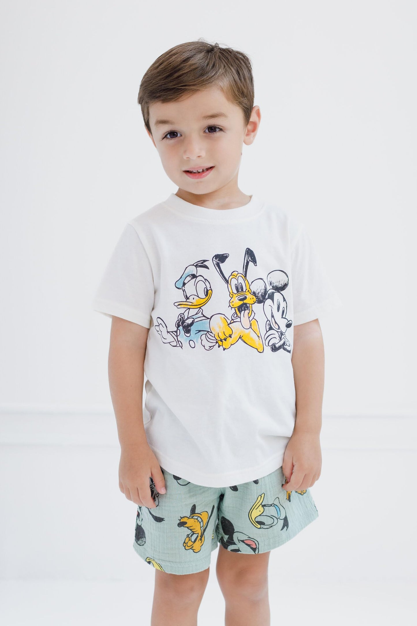 Disney Mickey Mouse Cotton Gauze Button Down Shirt, T-Shirt & Shorts 3 Piece Set Infant to Little Kid Sizes (12 Months- 7-8)