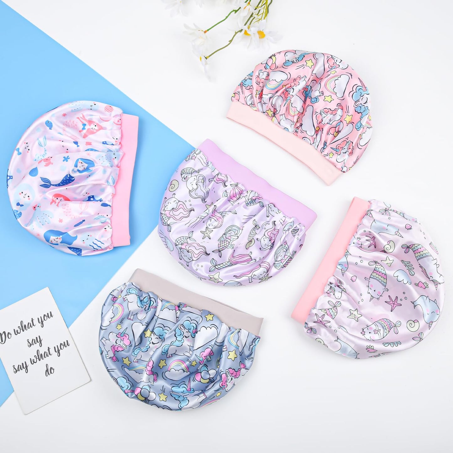 3 Pieces Kids Satin Bonnet Dinosaur Wide Elastic Band Sleeping Cap Soft Silk Double Layer Night Hair Hats for Teens Toddler Child Baby