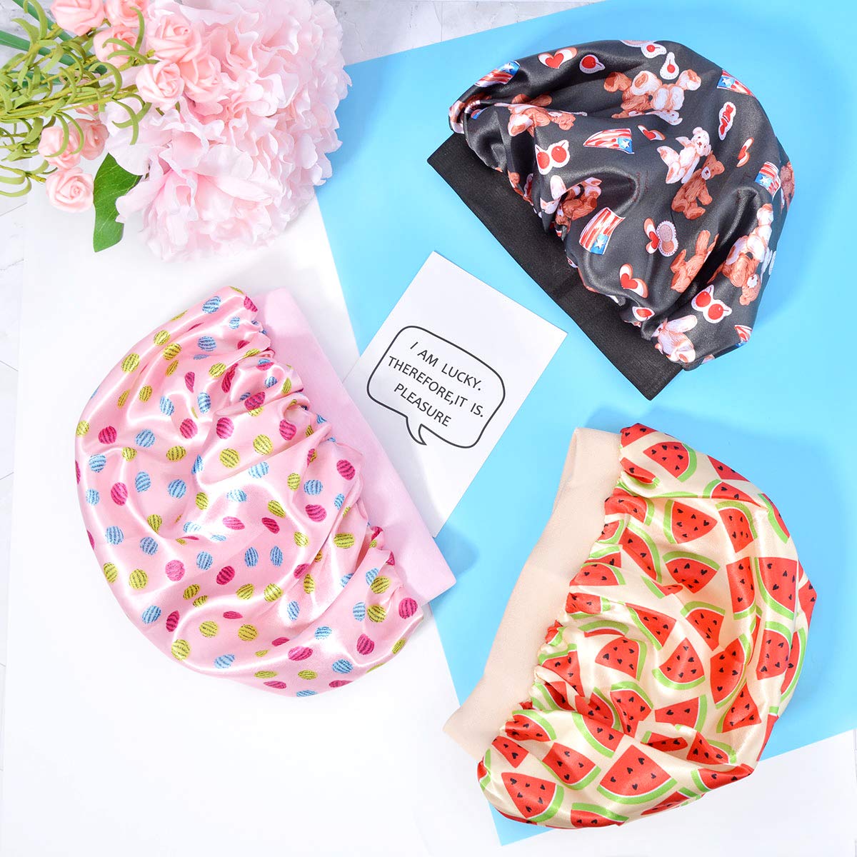 3 Pieces Kids Satin Bonnet Dinosaur Wide Elastic Band Sleeping Cap Soft Silk Double Layer Night Hair Hats for Teens Toddler Child Baby