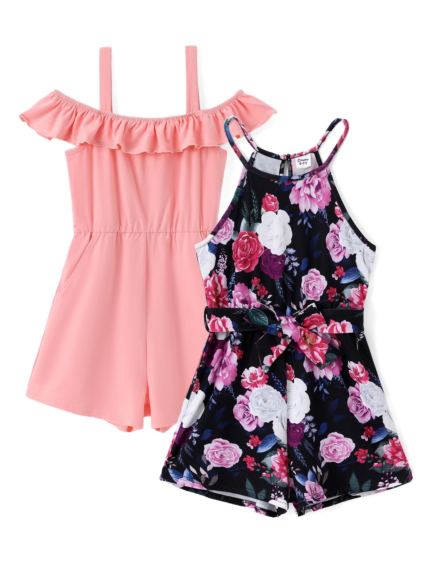 PATPAT Girls 2 Pack Rompers Spaghetti Strap Floral Print Short Jumpsuits with Pockets Cute Summer Outfits 5-12 Years