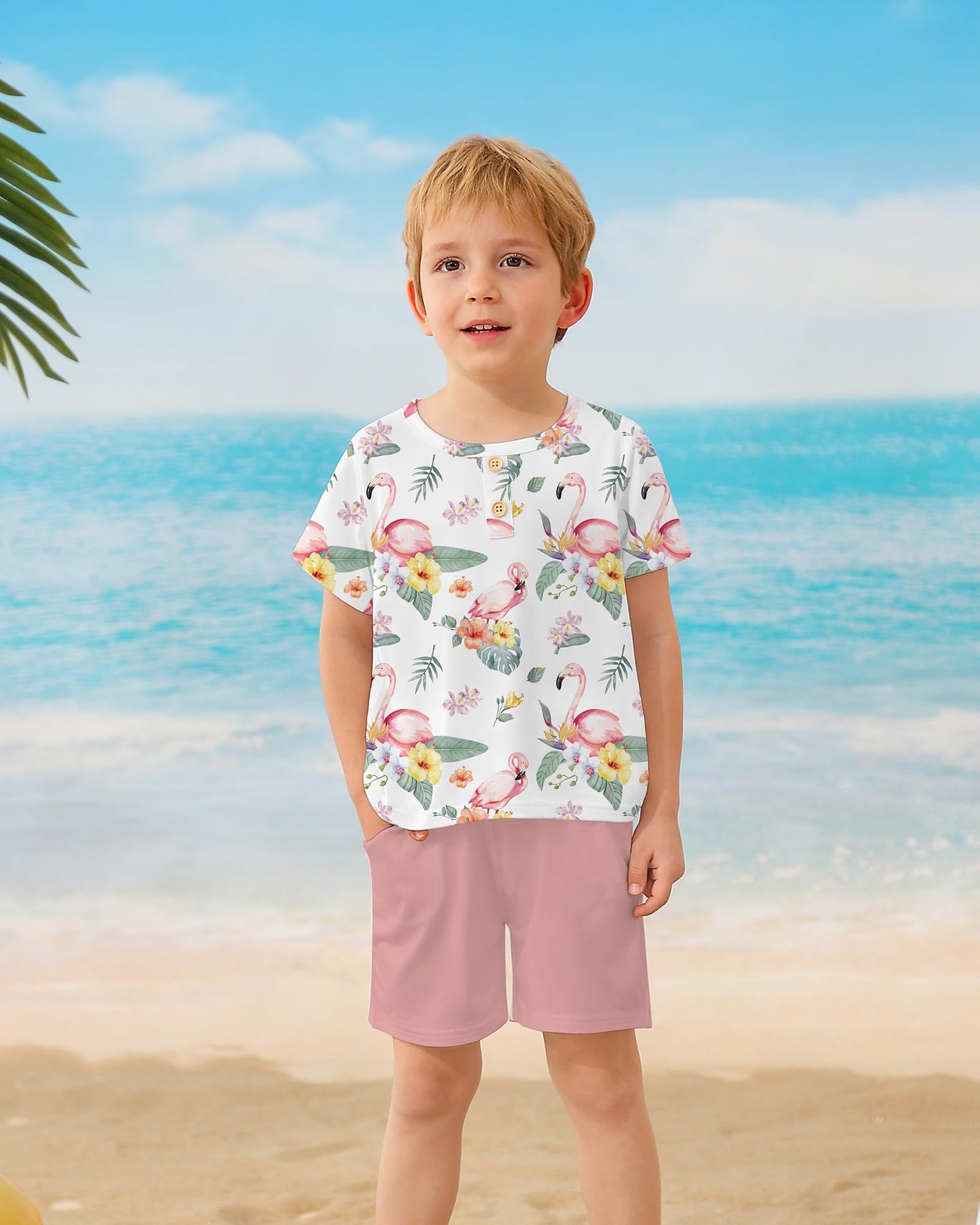 Coco&RARA Toddler Boy Clothes Outfits Kid Summer Hawaiian Print T-Shirt + Elastic Waist Pockets Shorts Clothes Set 2-7T
