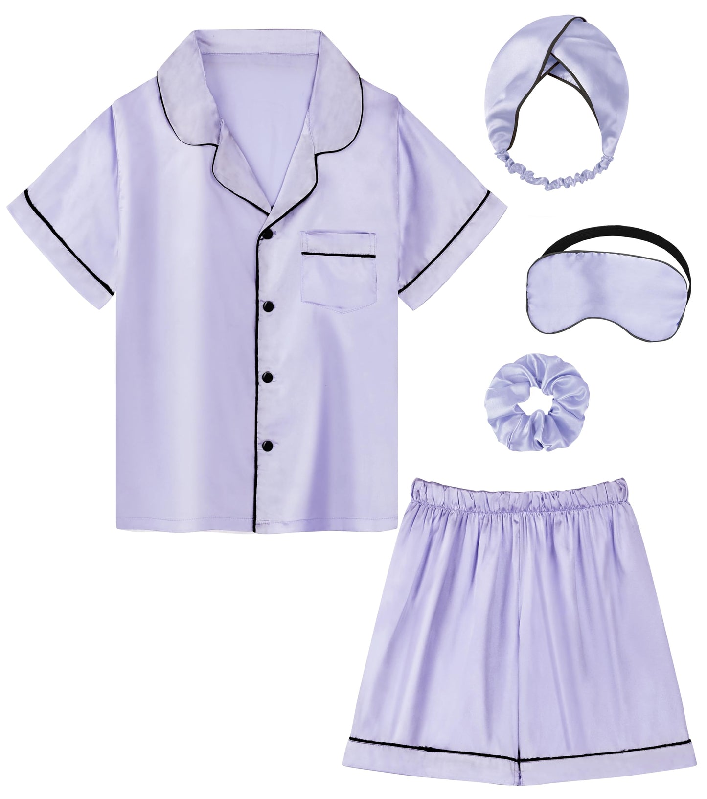 Kids Girl Pajama Set with Headband Blindfold Hair Tie Toddler Boy Girl Satin Silky Button-up Pajama Sleepwear