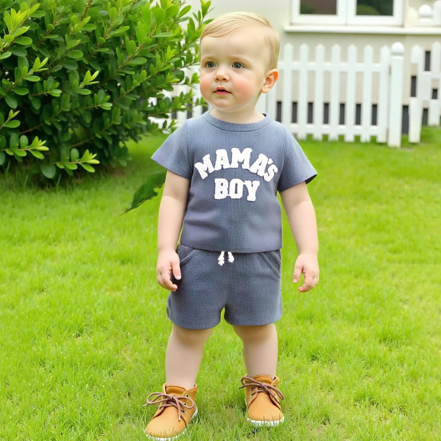 Kupretty Toddler Baby Boy Summer Clothes Embroiderey Waffle Knit Short Sleeve T-Shirt Tees + Casual Shorts Cute Clothing Set