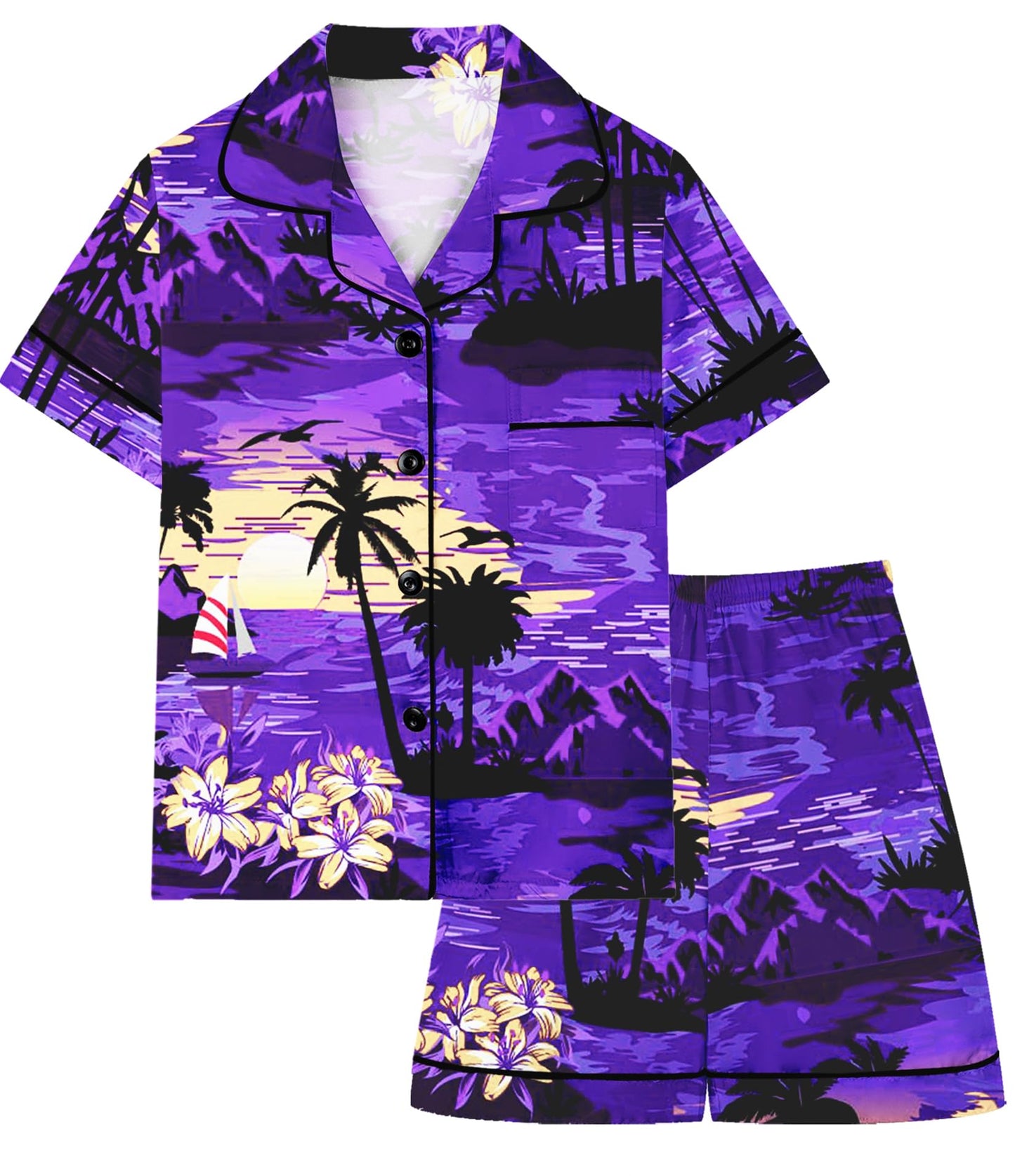 Boys & Mens Silk Pajamas Button Down Sleepwear Satin Nightwear 2 Pcs Pj Set
