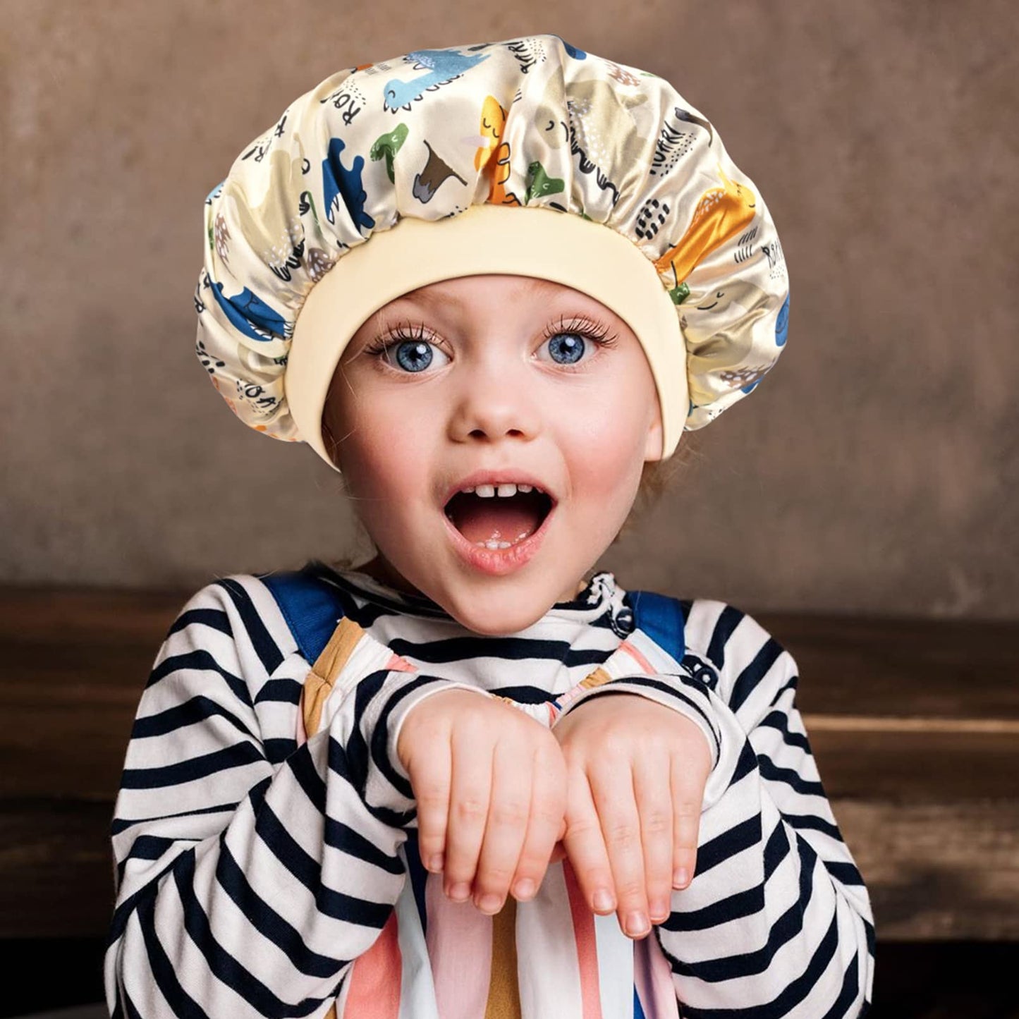 3 Pieces Kids Satin Bonnet Dinosaur Wide Elastic Band Sleeping Cap Soft Silk Double Layer Night Hair Hats for Teens Toddler Child Baby
