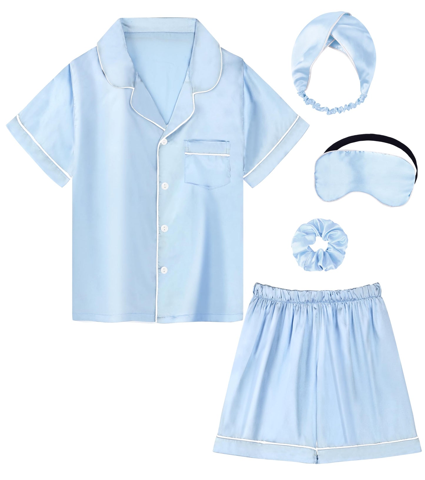Kids Girl Pajama Set with Headband Blindfold Hair Tie Toddler Boy Girl Satin Silky Button-up Pajama Sleepwear