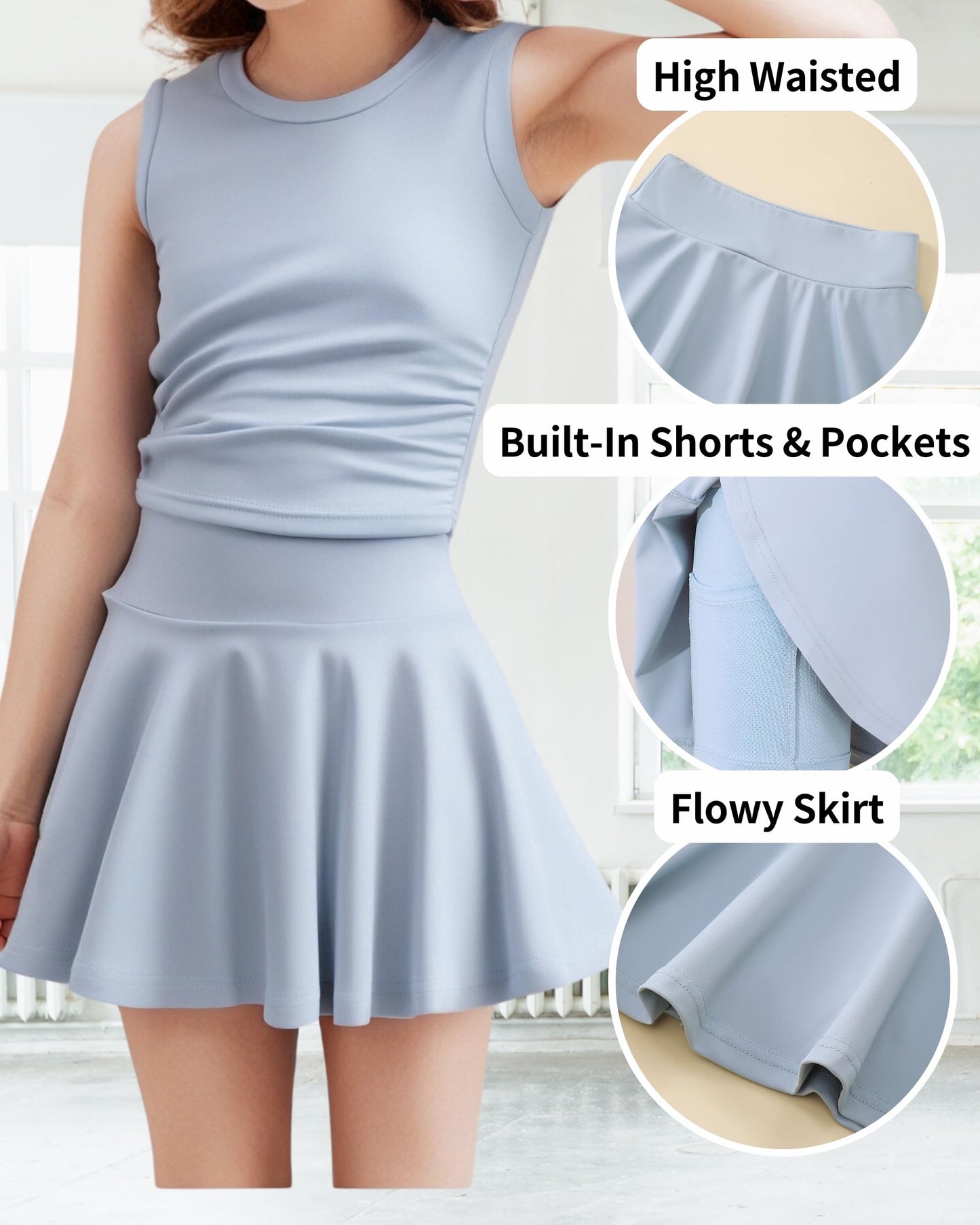Girls Tennis Skirts Sets Kids Sleeveless Ruched Athletic Tank Tops Flowy Pleated Skirt Pockets Skorts Shorts Outfits