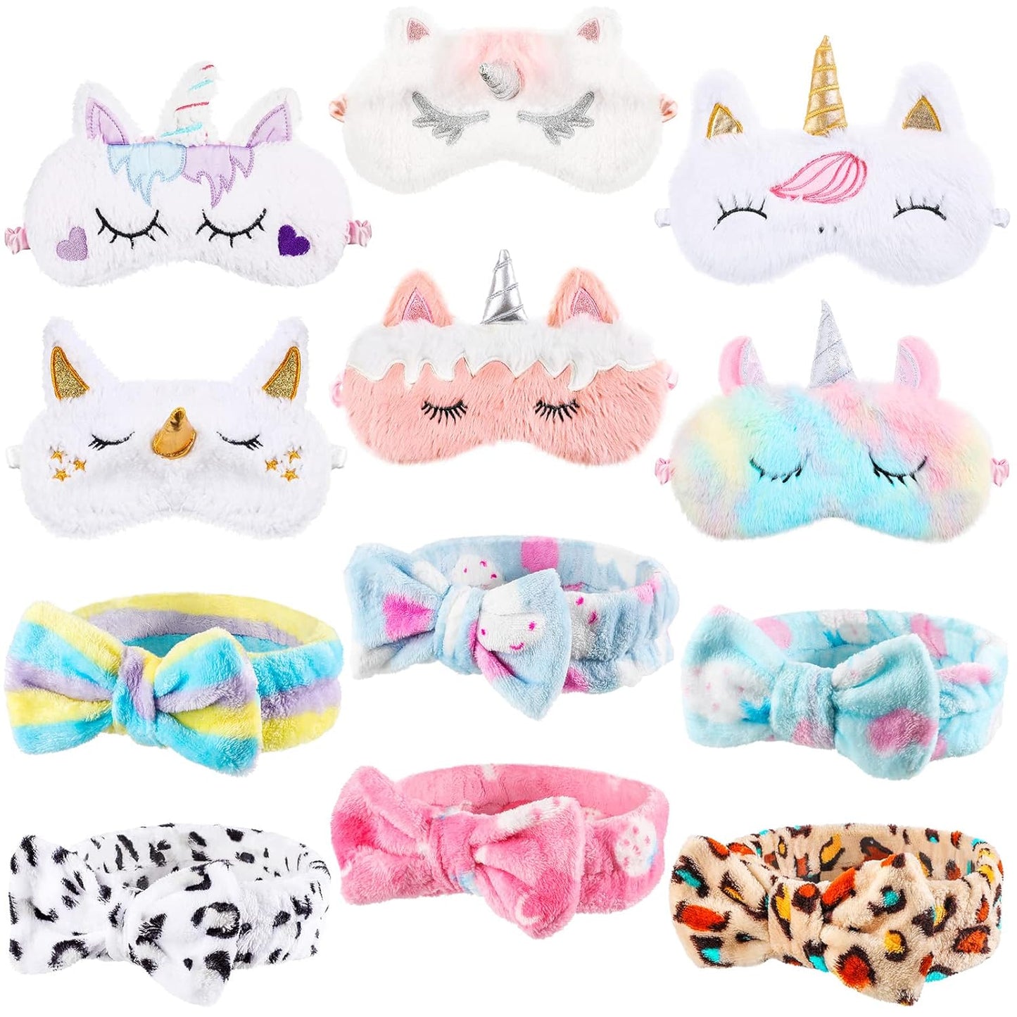 12 Pcs Sleepover Party Supplies for Girls Unicorn Rainbow Animal Plush Sleep Eye Mask Soft Spa Headband for Kids Women Overnight Spa Bachelorette Party Favors