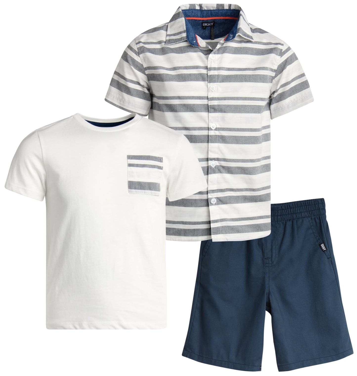 DKNY Boys' Short Set - 3 Piece Short Sleeve Button Down Shirt, Crew Neck T-Shirt, and Twill Shorts for Boys (Sizes: 2T-7)