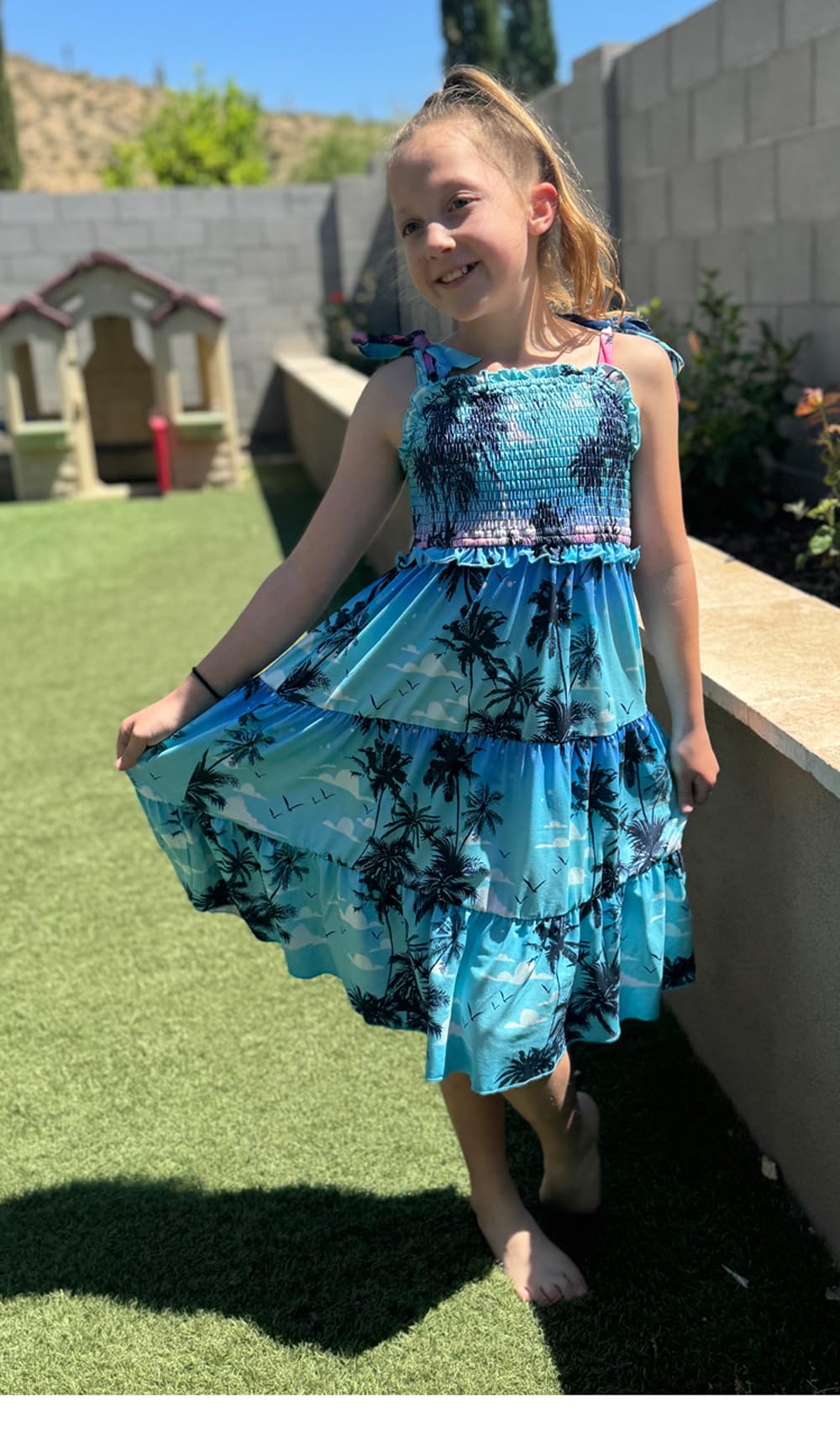 Kids4ever Girls Spaghetti Strap Dress 6-12Y Kids Sleeveless Cami Dresses Summer Beach Smocked Tiered Sundress with Pockets