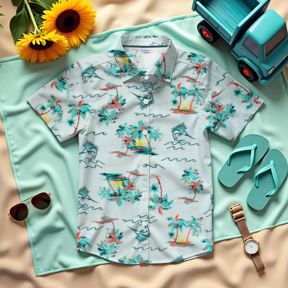 Tommy Bahama Boys Hawaiian Button Down Short Sleeve Shirt & Elastic Waist Shorts Set, Casual 2-Piece Summer Outfit for Kids