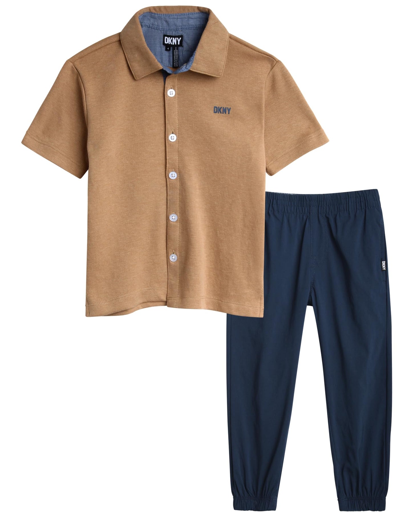 DKNY Boys' Pants Set - 2 Piece Short Sleeve Button Down Shirt and Tech Pants - Summer Outfit Set for Toddler Boys (2T-7)