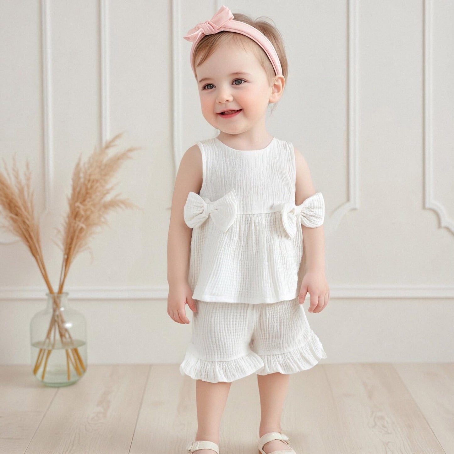 Kupretty Toddler Girl Summer Clothes Baby Solid Linen Outfit Bows Ruffle Tank Tops Shirts + Ruffled Short Set