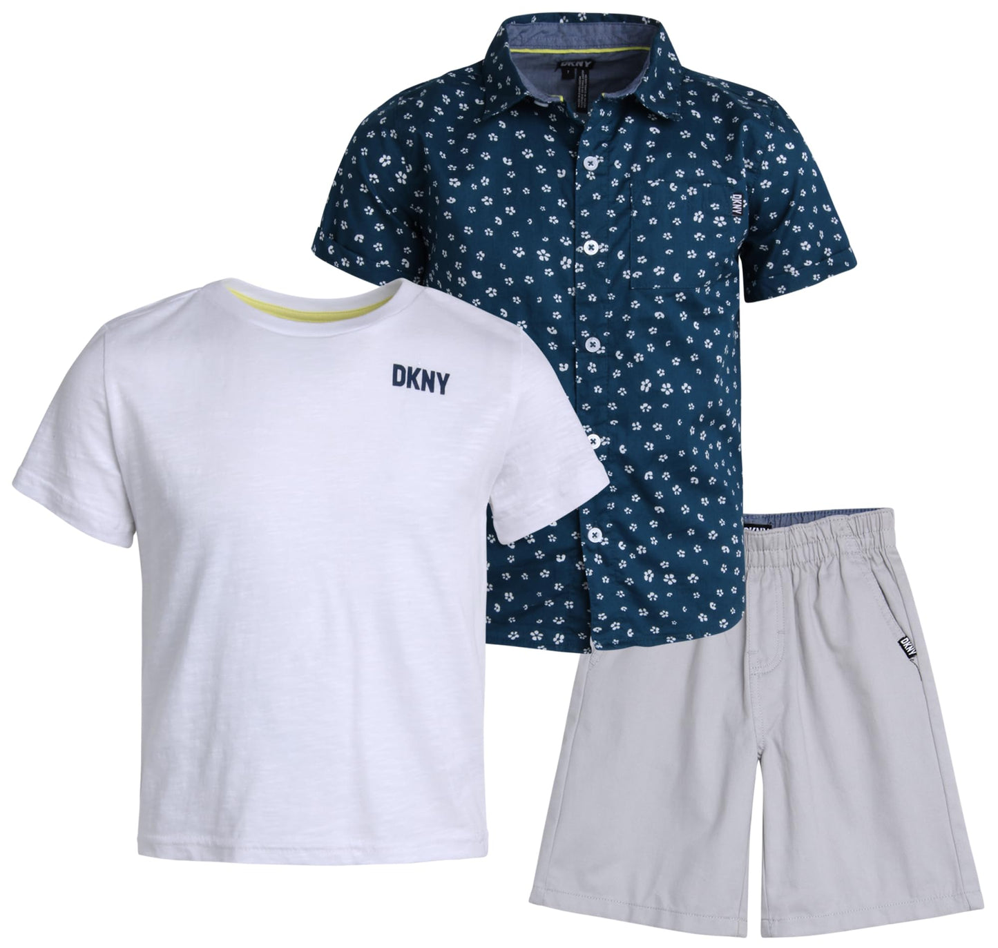 DKNY Boys' Short Set - 3 Piece Short Sleeve Button Down Shirt, Crew Neck T-Shirt, and Twill Shorts for Boys (Sizes: 2T-7)