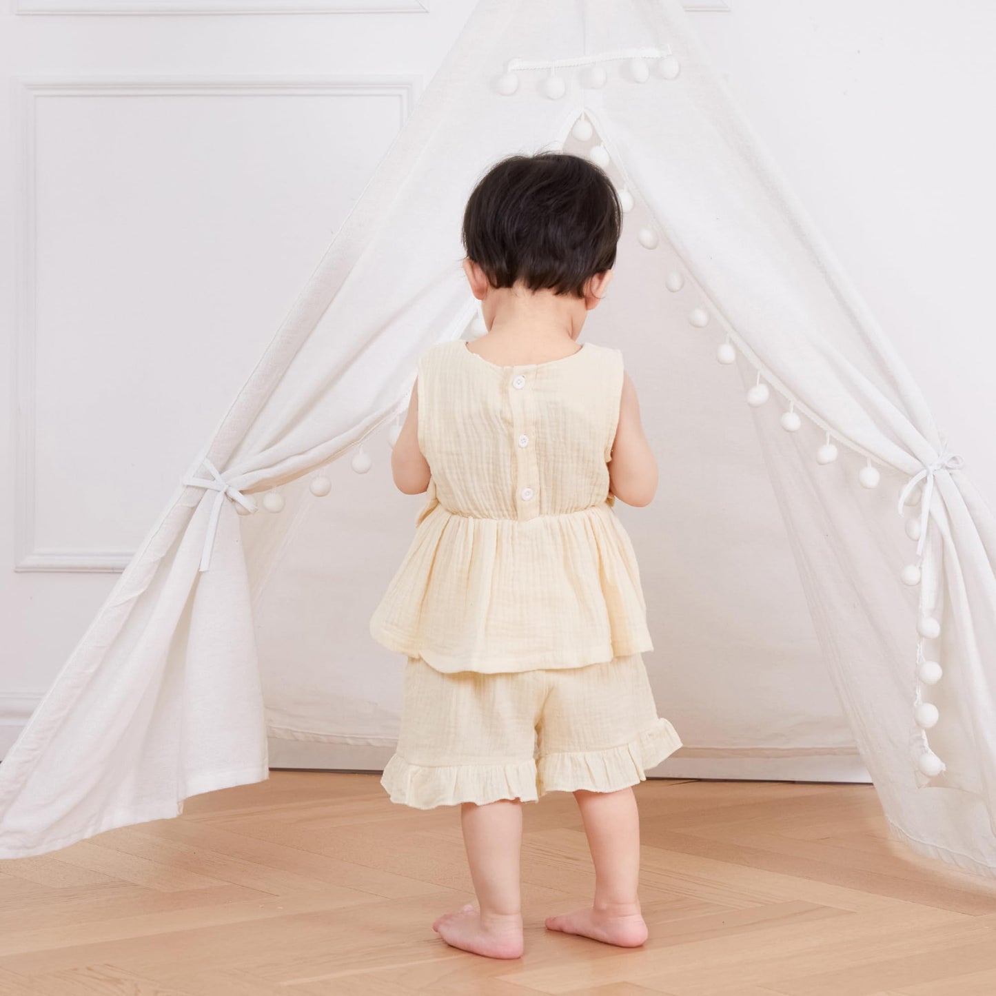 Kupretty Toddler Girl Summer Clothes Baby Solid Linen Outfit Bows Ruffle Tank Tops Shirts + Ruffled Short Set