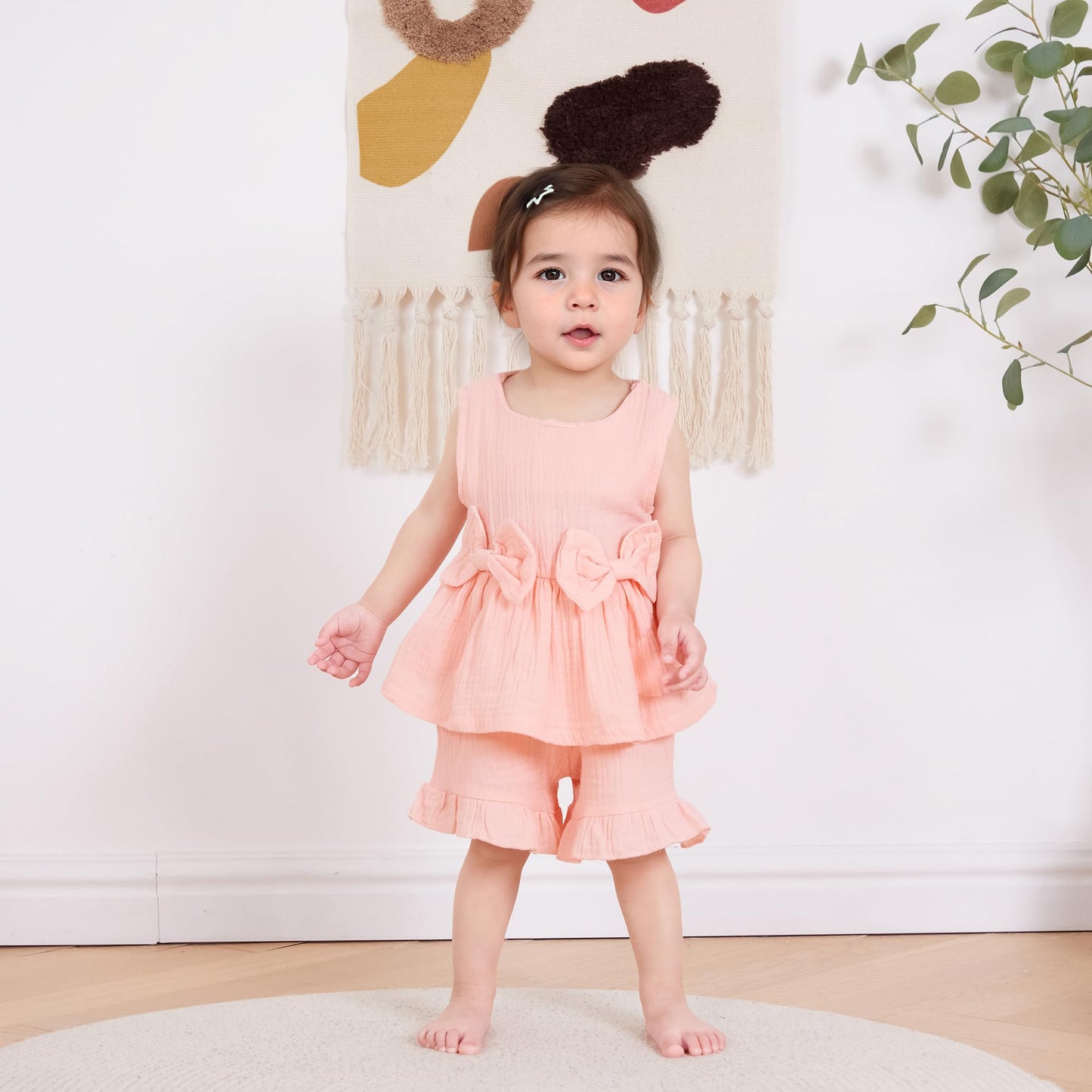 Kupretty Toddler Girl Summer Clothes Baby Solid Linen Outfit Bows Ruffle Tank Tops Shirts + Ruffled Short Set