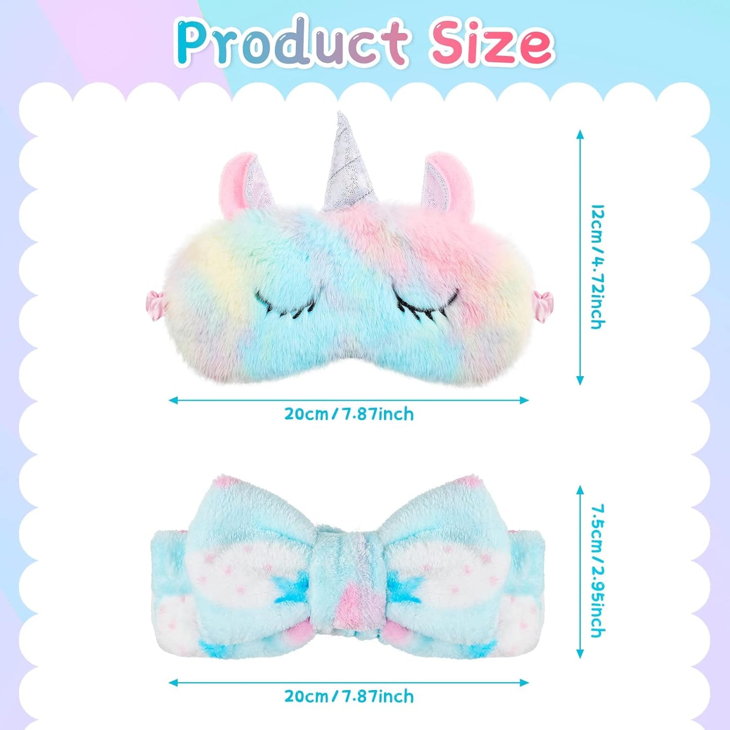 12 Pcs Sleepover Party Supplies for Girls Unicorn Rainbow Animal Plush Sleep Eye Mask Soft Spa Headband for Kids Women Overnight Spa Bachelorette Party Favors