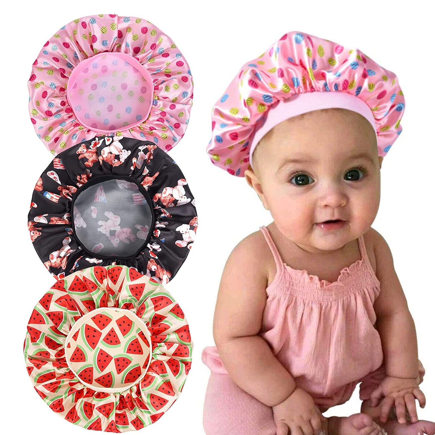 3 Pieces Kids Satin Bonnet Dinosaur Wide Elastic Band Sleeping Cap Soft Silk Double Layer Night Hair Hats for Teens Toddler Child Baby
