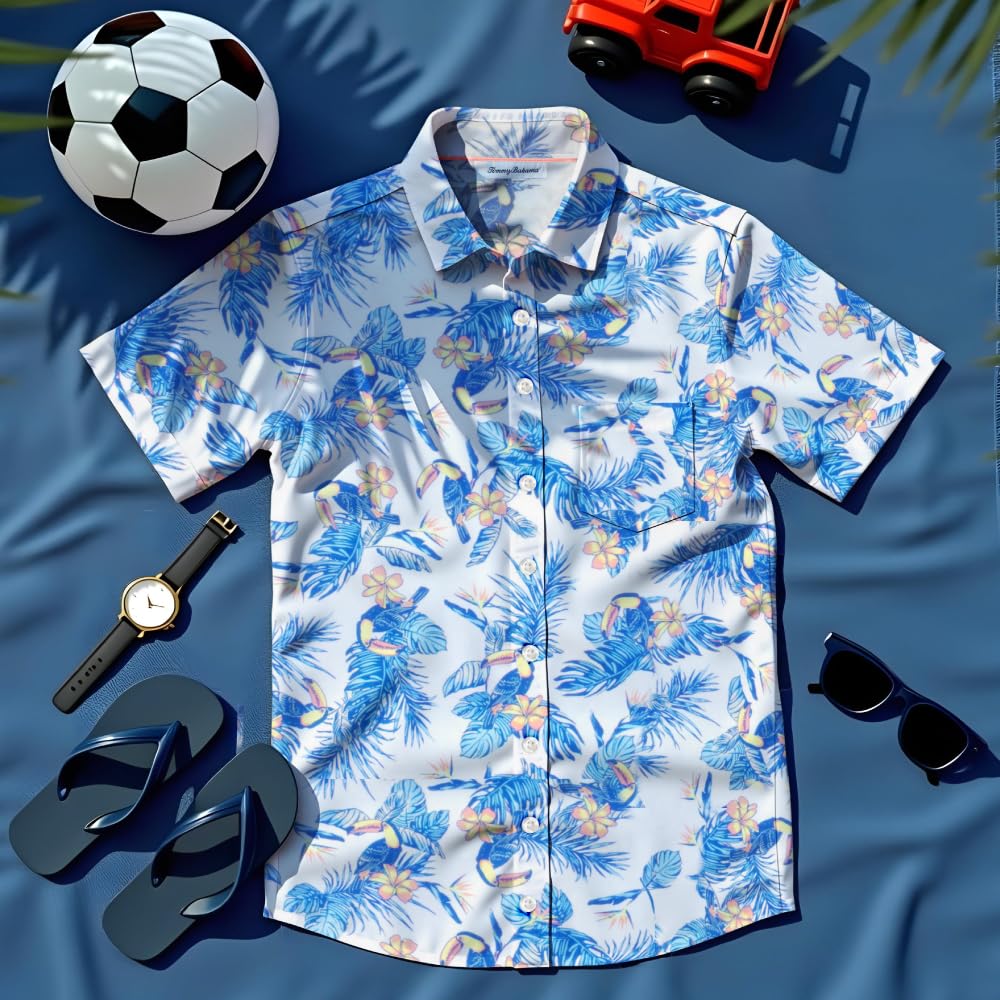 Tommy Bahama Boys Hawaiian Button Down Short Sleeve Shirt & Elastic Waist Shorts Set, Casual 2-Piece Summer Outfit for Kids
