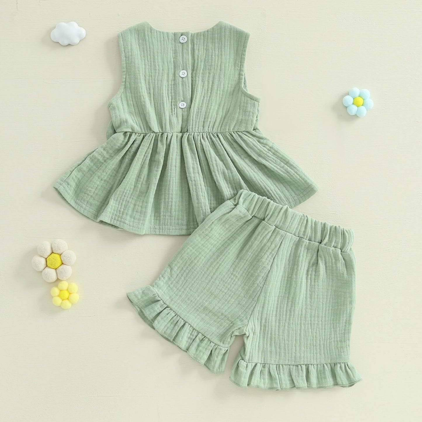 Kupretty Toddler Girl Summer Clothes Baby Solid Linen Outfit Bows Ruffle Tank Tops Shirts + Ruffled Short Set