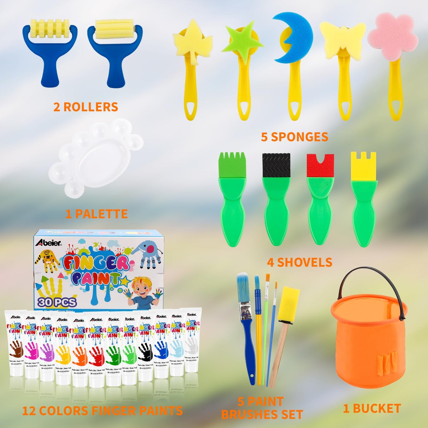 ABEIER Washable Finger Paint for Toddlers, Safe Non-Toxic, 12 x 2oz Vibrant Colors, Baby Safe Paint for Hand and Feet, Mess Free Art Supplies for Kids, Preschool Learning Gifts, Ages 1-3 4 5 6+
