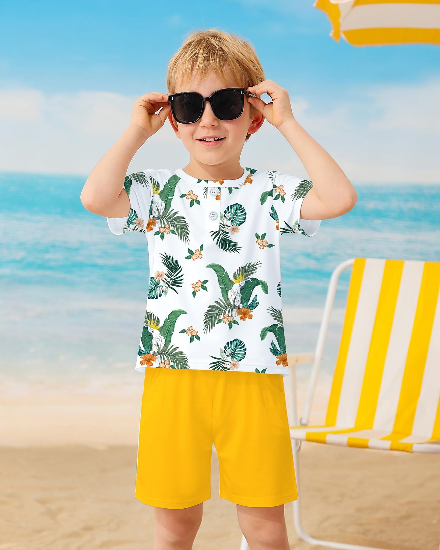 Coco&RARA Toddler Boy Clothes Outfits Kid Summer Hawaiian Print T-Shirt + Elastic Waist Pockets Shorts Clothes Set 2-7T
