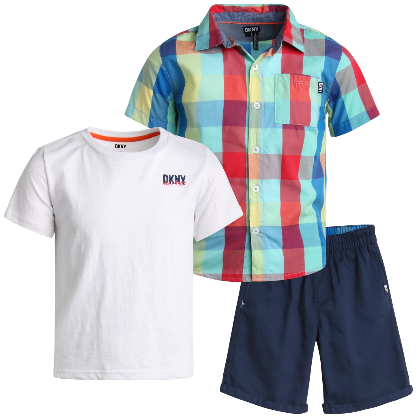 DKNY Boys' Short Set - 3 Piece Short Sleeve Button Down Shirt, Crew Neck T-Shirt, and Twill Shorts for Boys (Sizes: 2T-7)