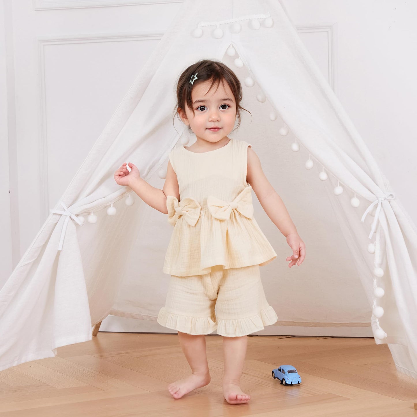 Kupretty Toddler Girl Summer Clothes Baby Solid Linen Outfit Bows Ruffle Tank Tops Shirts + Ruffled Short Set