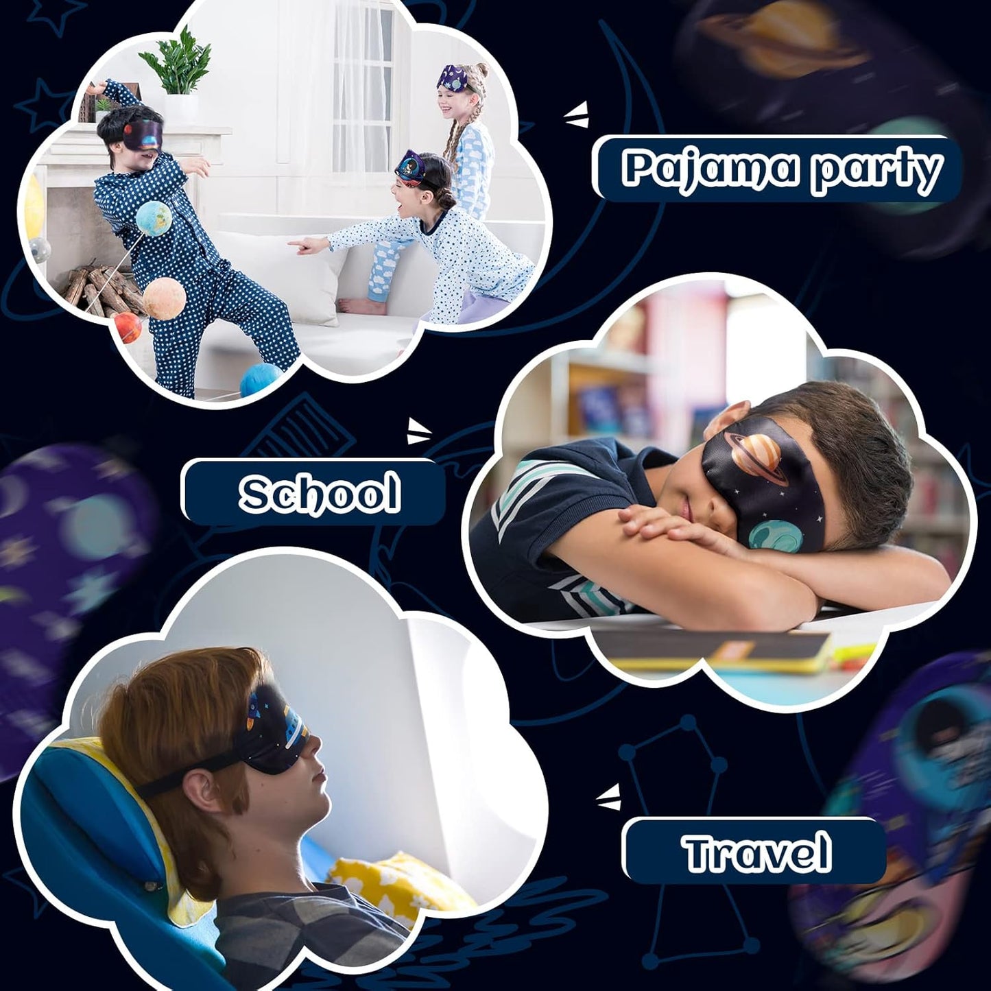 Geyoga 5 Pcs Boys Sleep Masks Planet Kids Sleeping Masks Boys Space Eye Cover Blindfolds Children Travel Eye Shade with Elastic Strap for Sleeping Naps Light Blocking, 5 Styles