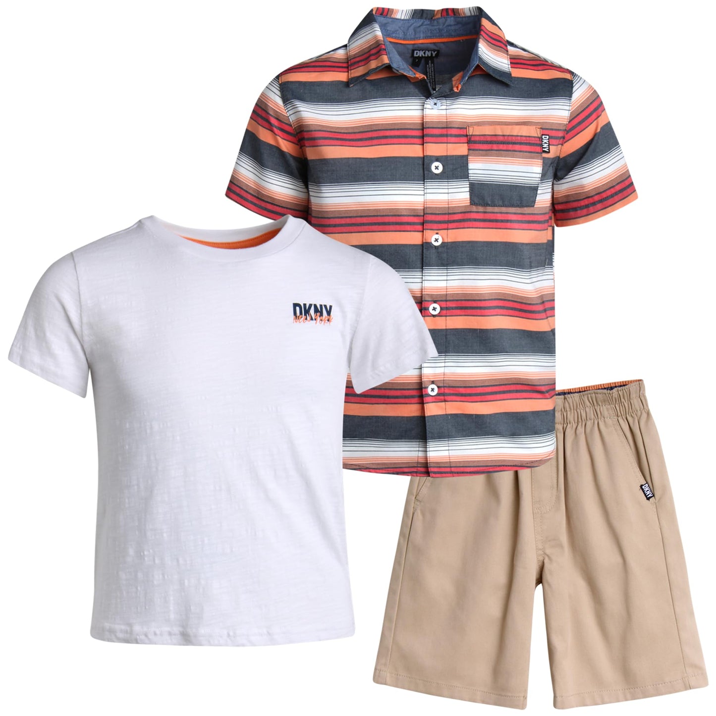 DKNY Boys' Short Set - 3 Piece Short Sleeve Button Down Shirt, Crew Neck T-Shirt, and Twill Shorts for Boys (Sizes: 2T-7)