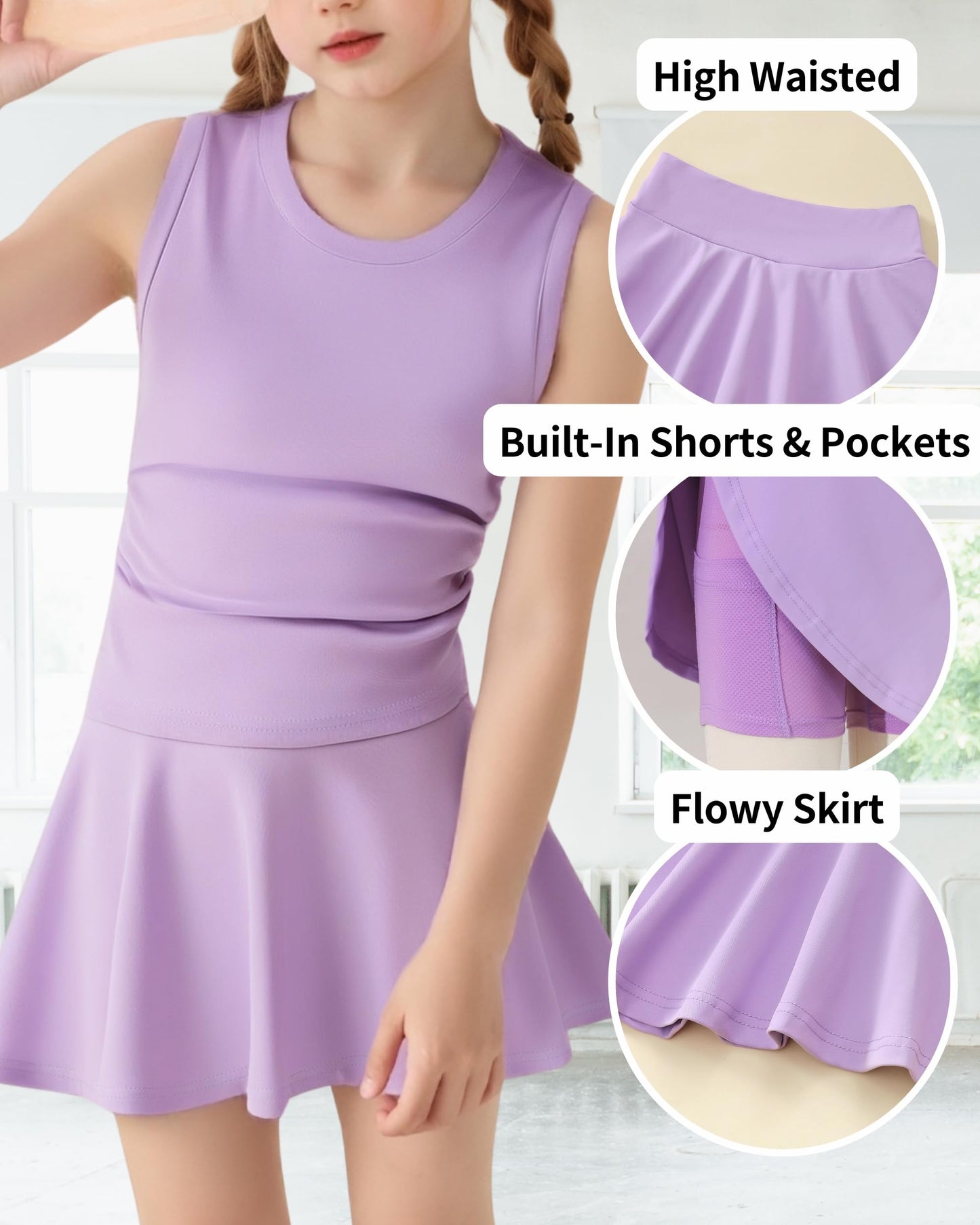 Girls Tennis Skirts Sets Kids Sleeveless Ruched Athletic Tank Tops Flowy Pleated Skirt Pockets Skorts Shorts Outfits