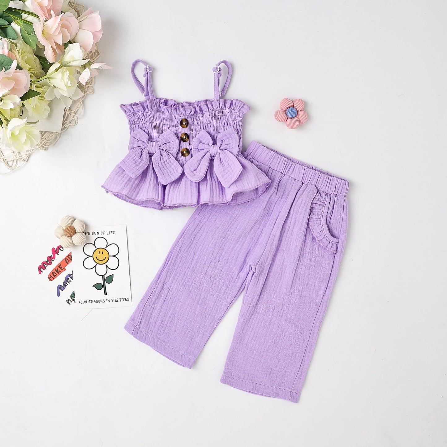 Toddler Baby Girl Clothes Summer Outfits Cute Bow Button Ruffle Camisole Pants Set 9-36 Months