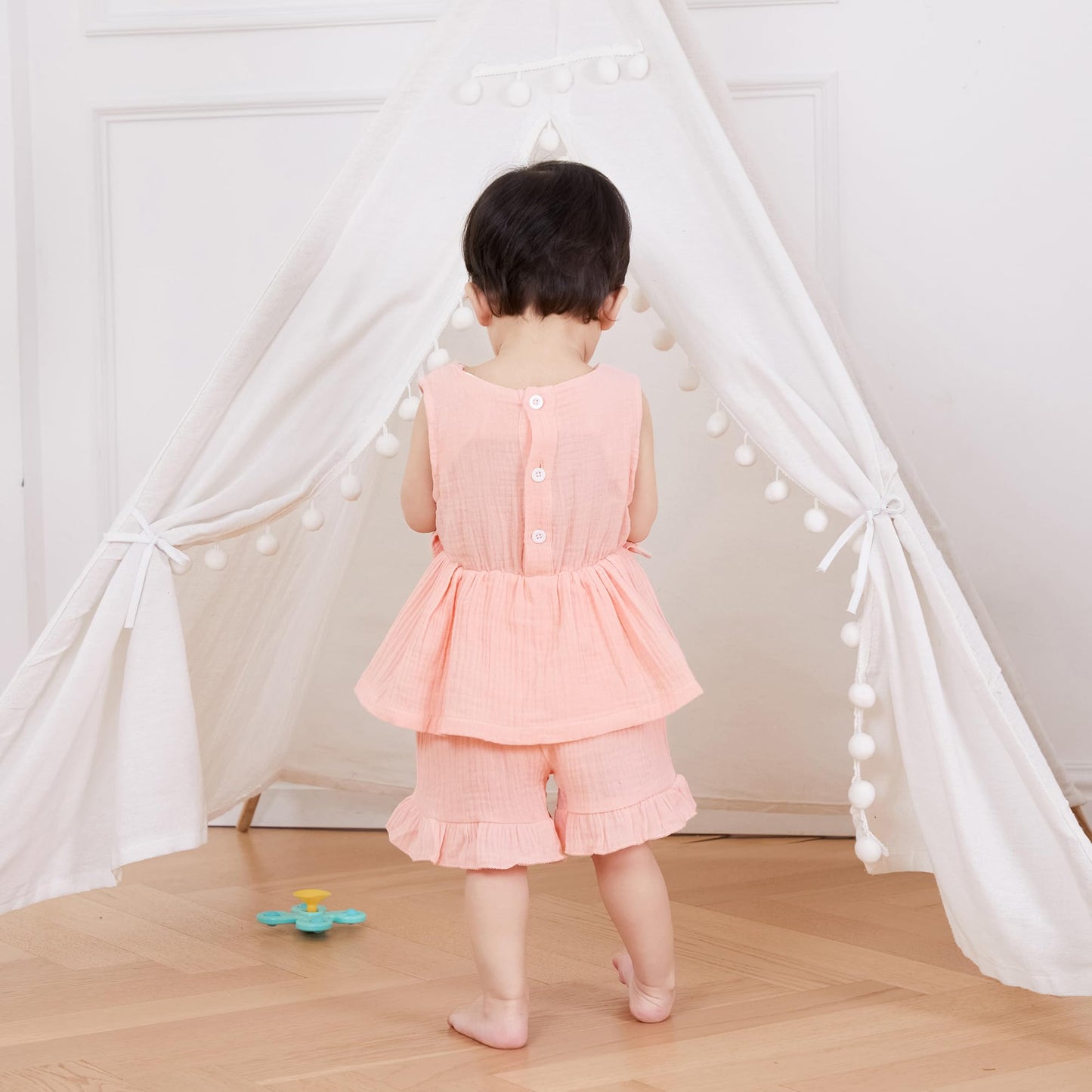 Kupretty Toddler Girl Summer Clothes Baby Solid Linen Outfit Bows Ruffle Tank Tops Shirts + Ruffled Short Set