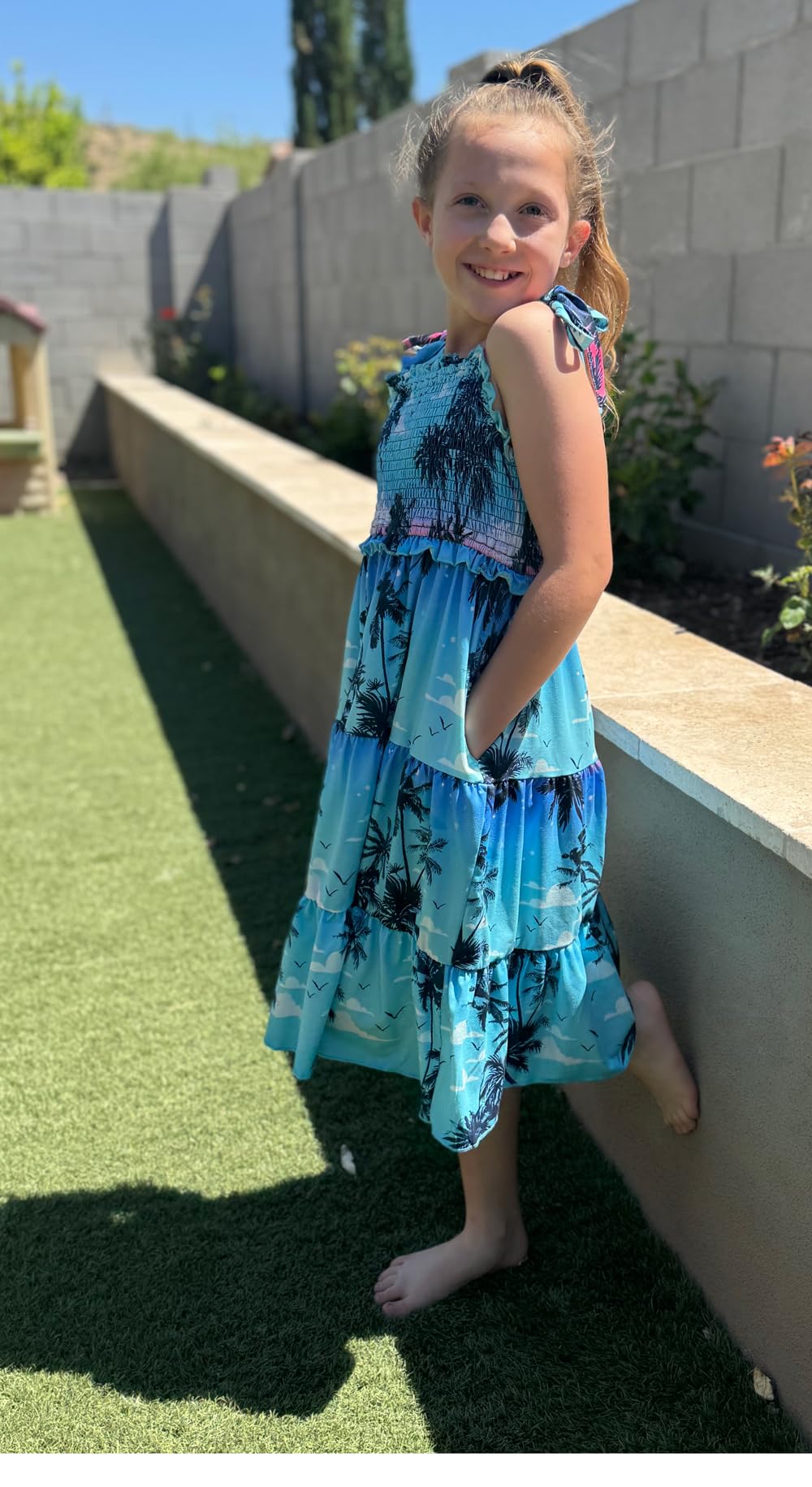 Kids4ever Girls Spaghetti Strap Dress 6-12Y Kids Sleeveless Cami Dresses Summer Beach Smocked Tiered Sundress with Pockets