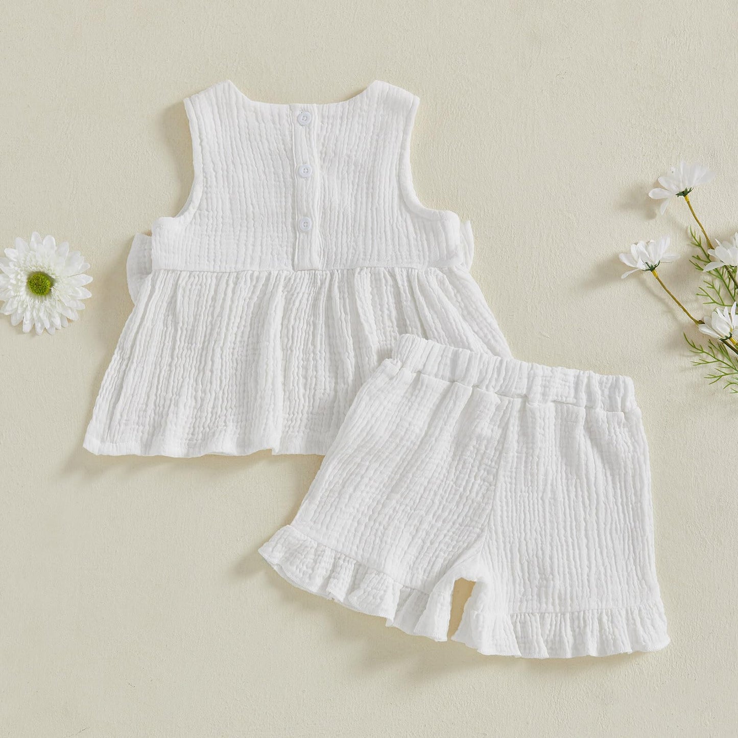 Kupretty Toddler Girl Summer Clothes Baby Solid Linen Outfit Bows Ruffle Tank Tops Shirts + Ruffled Short Set