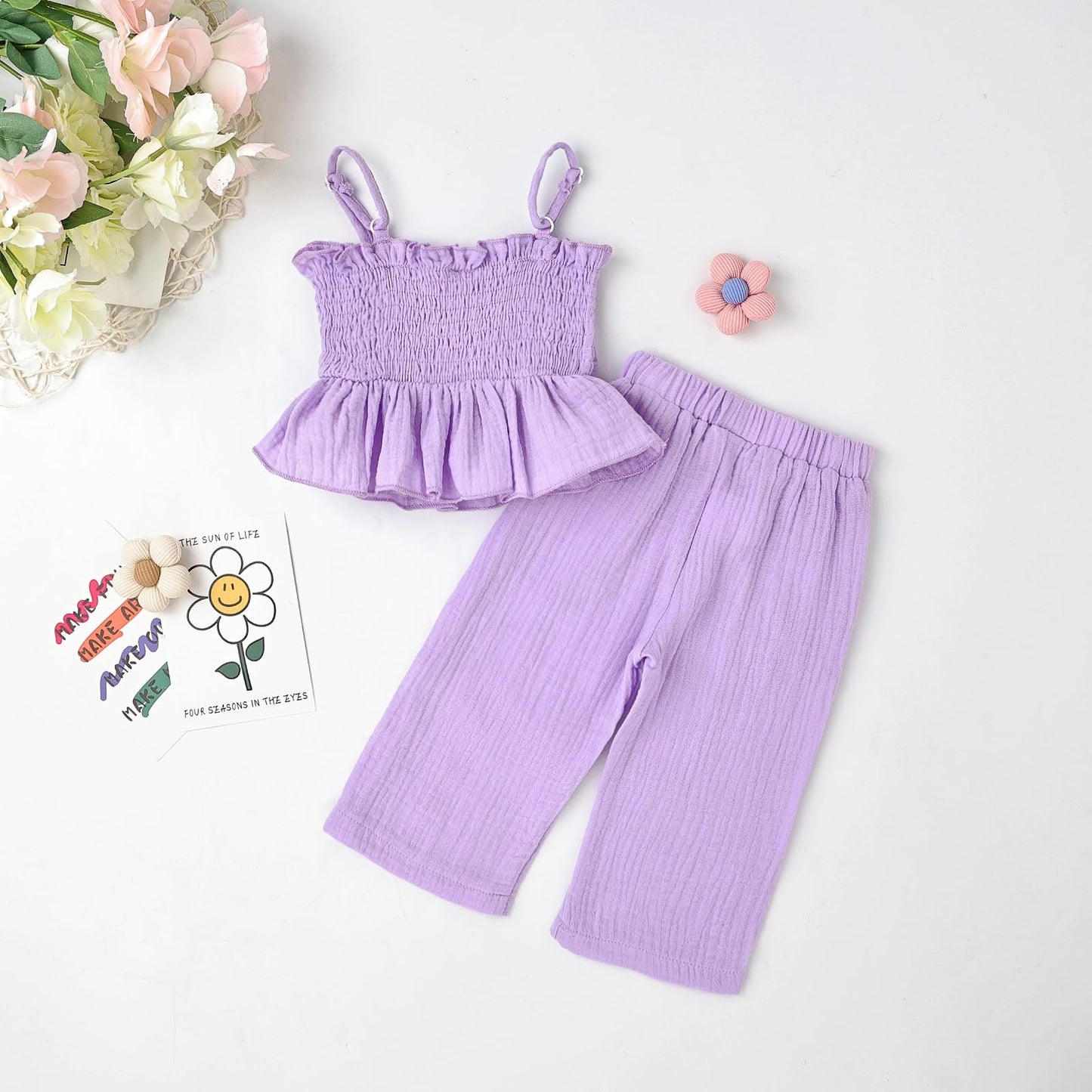 Toddler Baby Girl Clothes Summer Outfits Cute Bow Button Ruffle Camisole Pants Set 9-36 Months