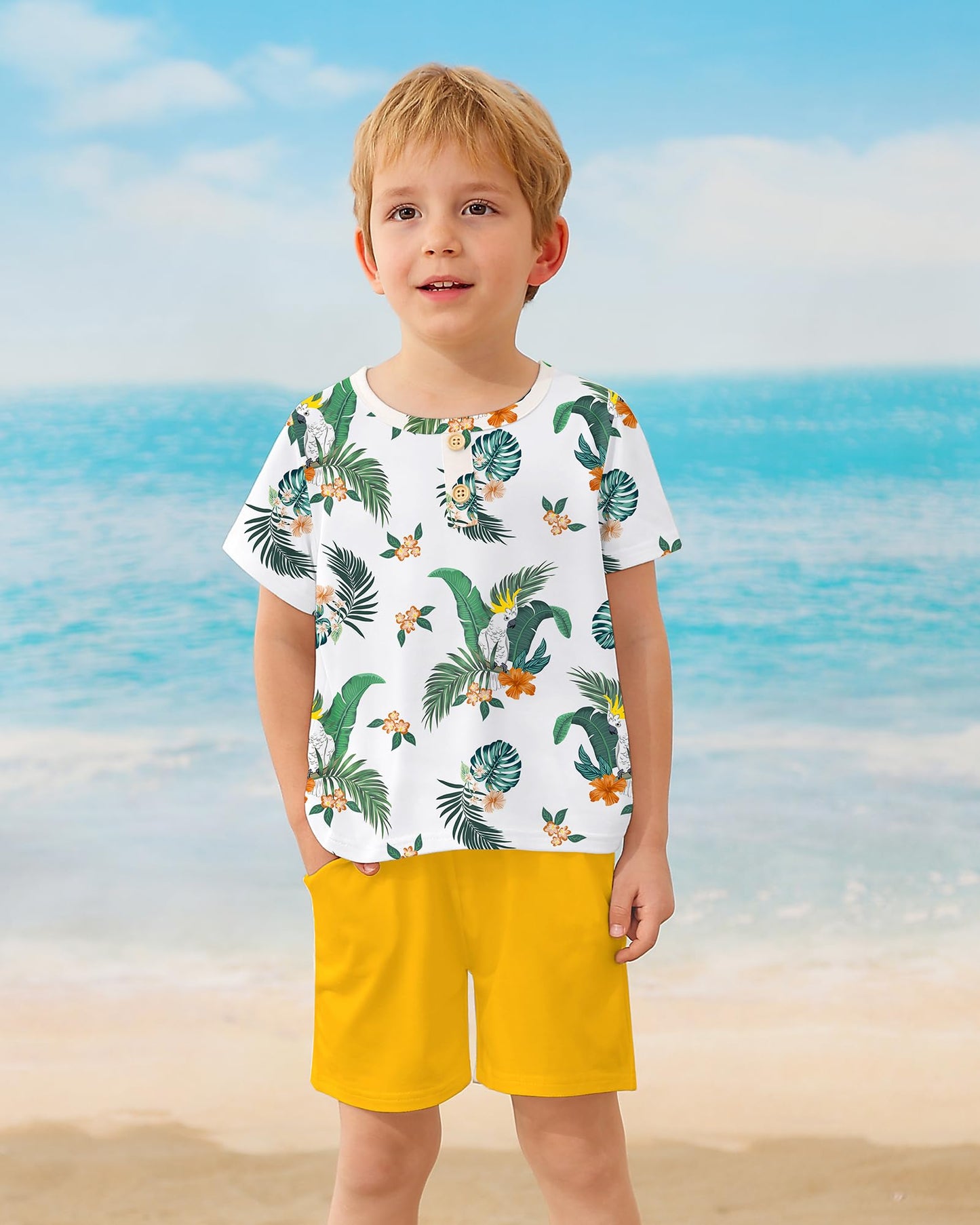 Coco&RARA Toddler Boy Clothes Outfits Kid Summer Hawaiian Print T-Shirt + Elastic Waist Pockets Shorts Clothes Set 2-7T
