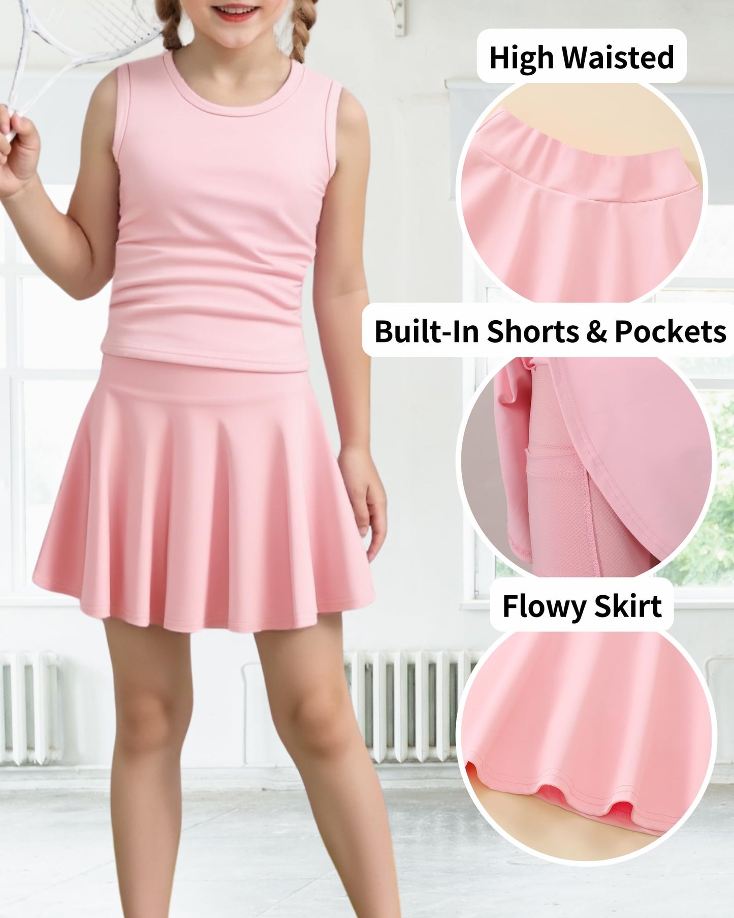 Girls Tennis Skirts Sets Kids Sleeveless Ruched Athletic Tank Tops Flowy Pleated Skirt Pockets Skorts Shorts Outfits