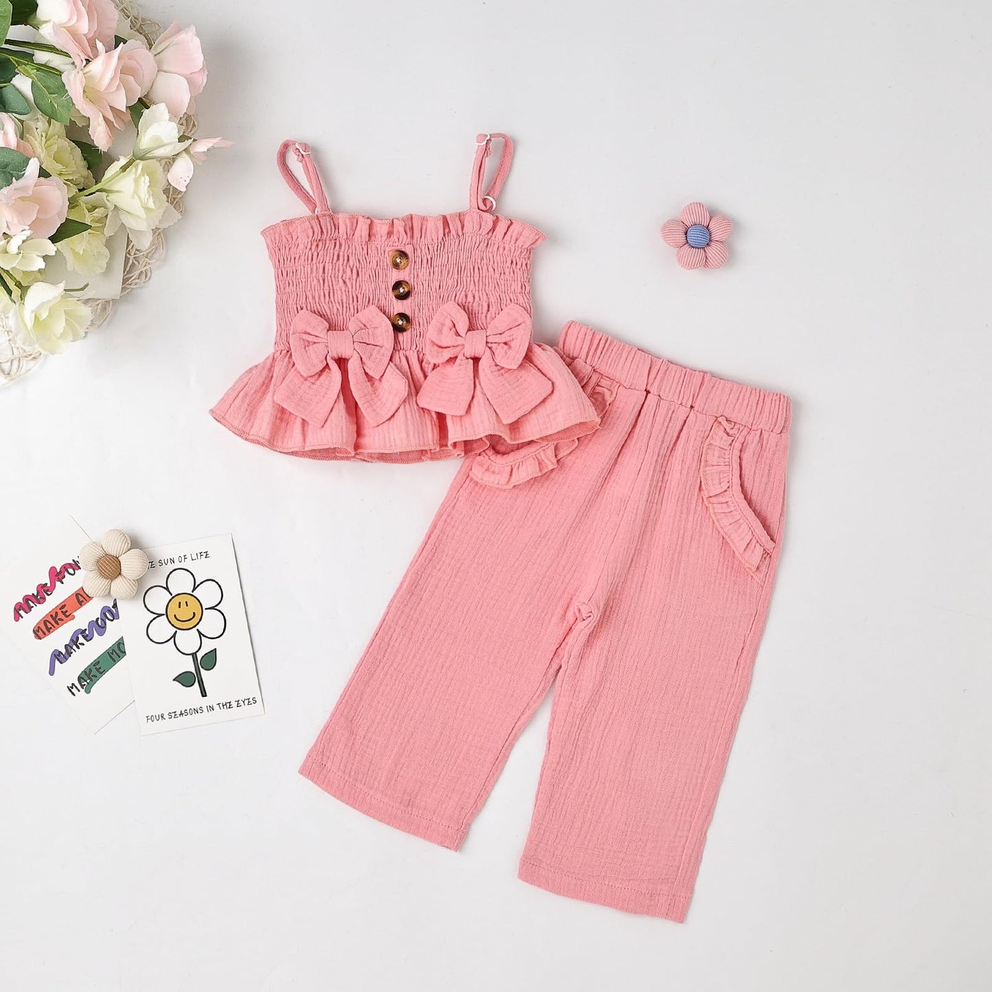 Toddler Baby Girl Clothes Summer Outfits Cute Bow Button Ruffle Camisole Pants Set 9-36 Months