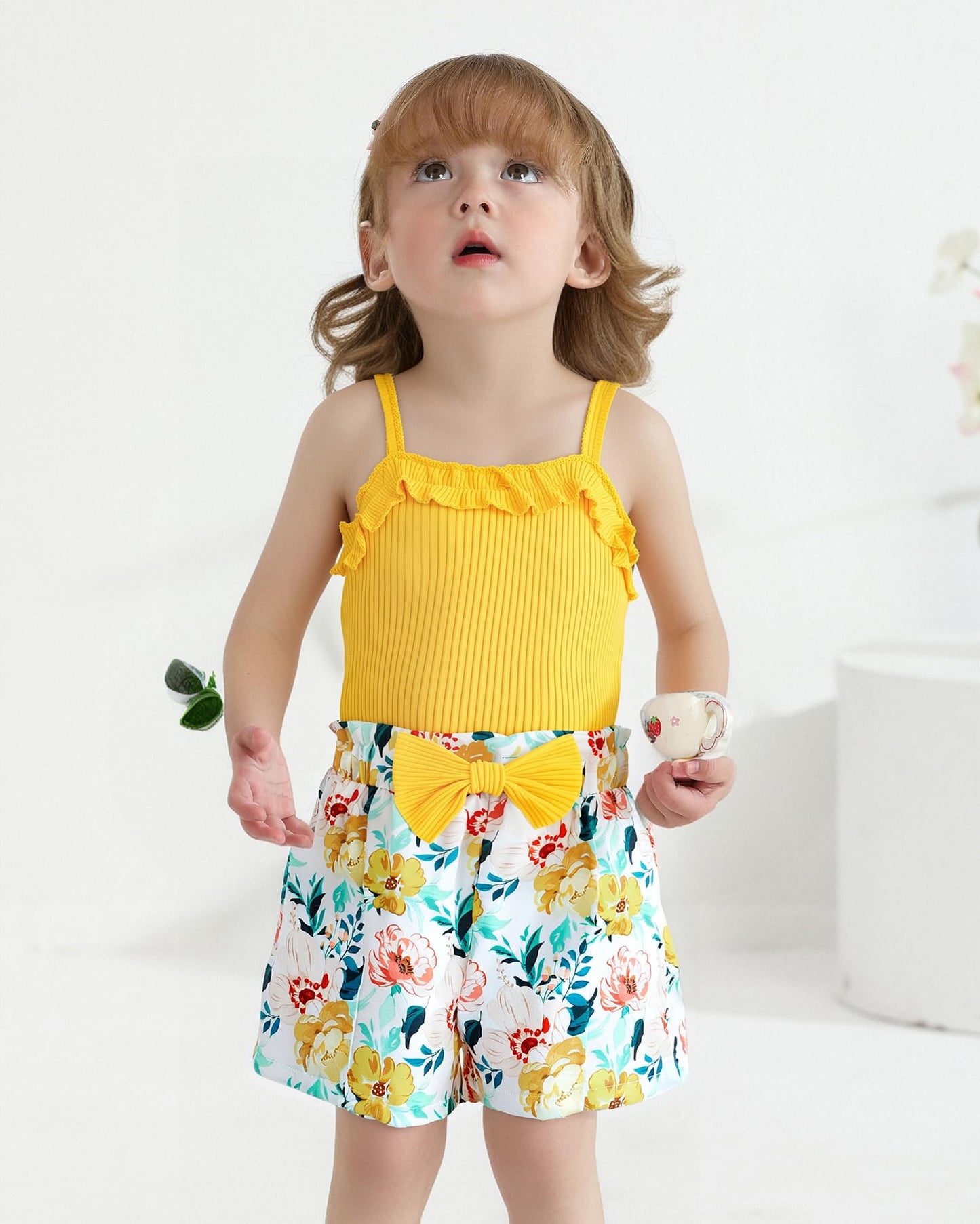 Kucnuzki Toddler Baby Girl Clothes Sleeveless Tank Tops Ruffle Halter Shirts Floral Shorts 2 Piece Set Summer Outfits