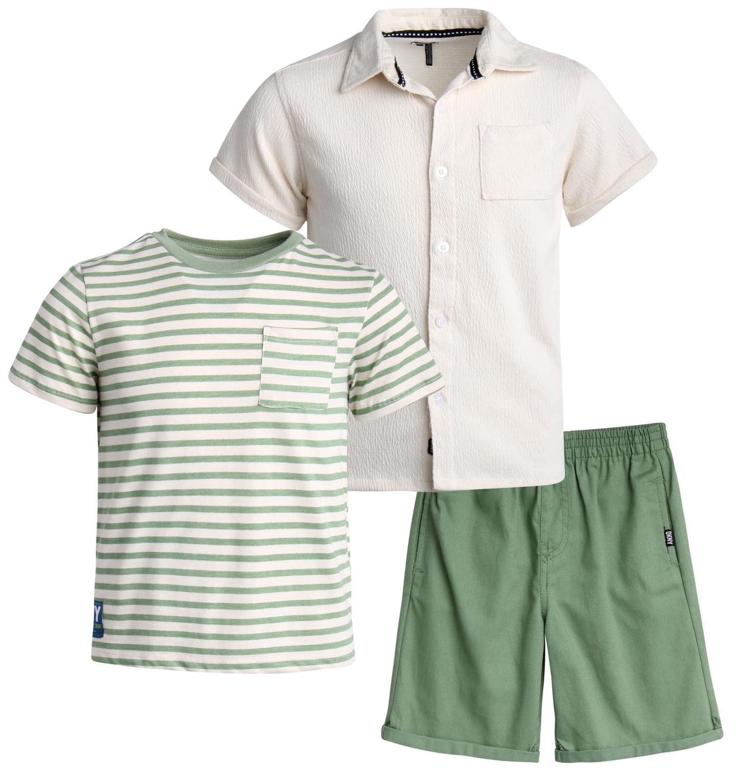 DKNY Boys' Short Set - 3 Piece Short Sleeve Button Down Shirt, Crew Neck T-Shirt, and Twill Shorts for Boys (Sizes: 2T-7)