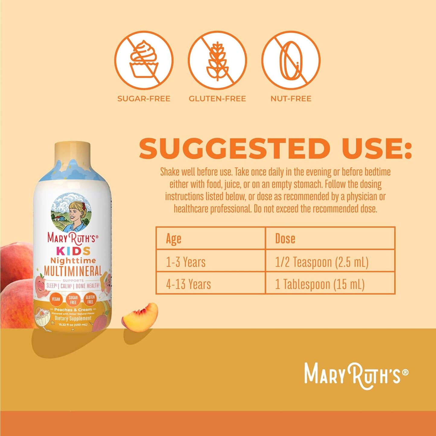 Kids Liquid Nighttime Multimineral by MaryRuth's | Kids Vitamins | Bone Health | Calm Calcium Magnesium Supplement | Muscle Relaxation | Vegan | Sugar Free | 30-180 Servings | 15.22 fl oz
