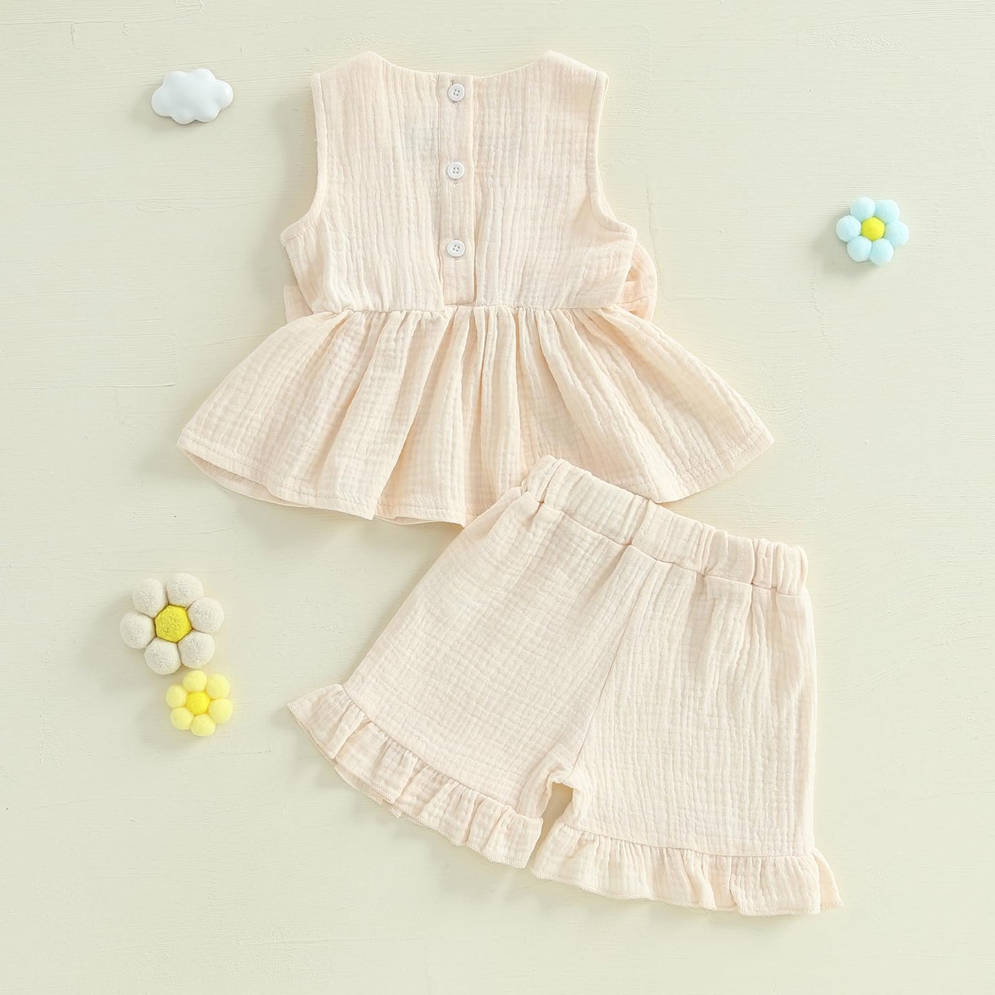 Kupretty Toddler Girl Summer Clothes Baby Solid Linen Outfit Bows Ruffle Tank Tops Shirts + Ruffled Short Set