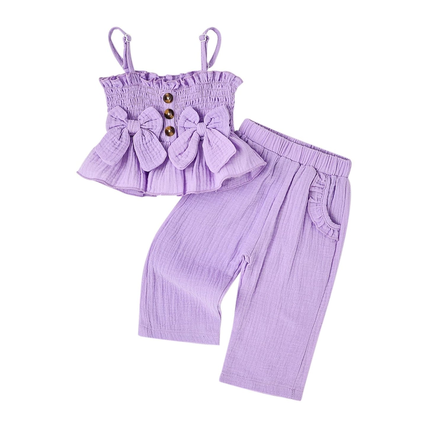 Toddler Baby Girl Clothes Summer Outfits Cute Bow Button Ruffle Camisole Pants Set 9-36 Months