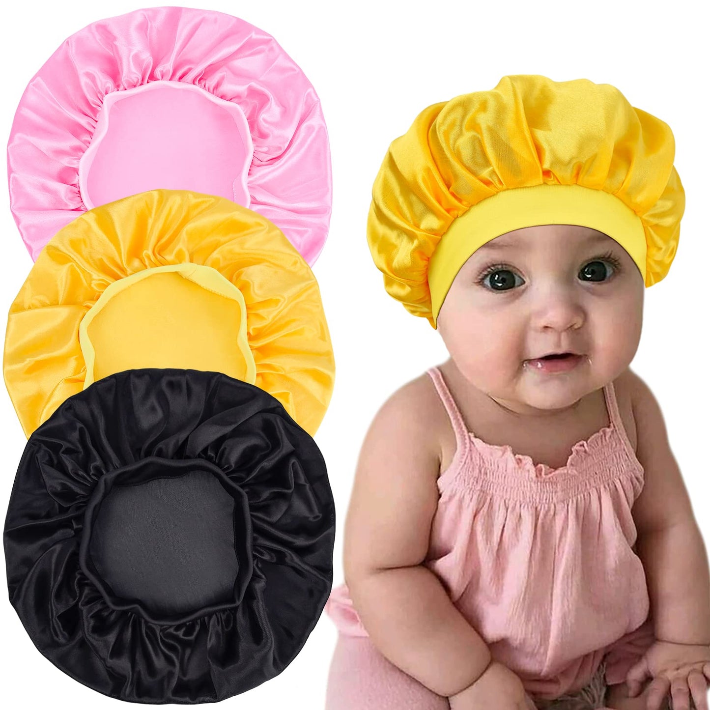 3 Pieces Kids Satin Bonnet Dinosaur Wide Elastic Band Sleeping Cap Soft Silk Double Layer Night Hair Hats for Teens Toddler Child Baby