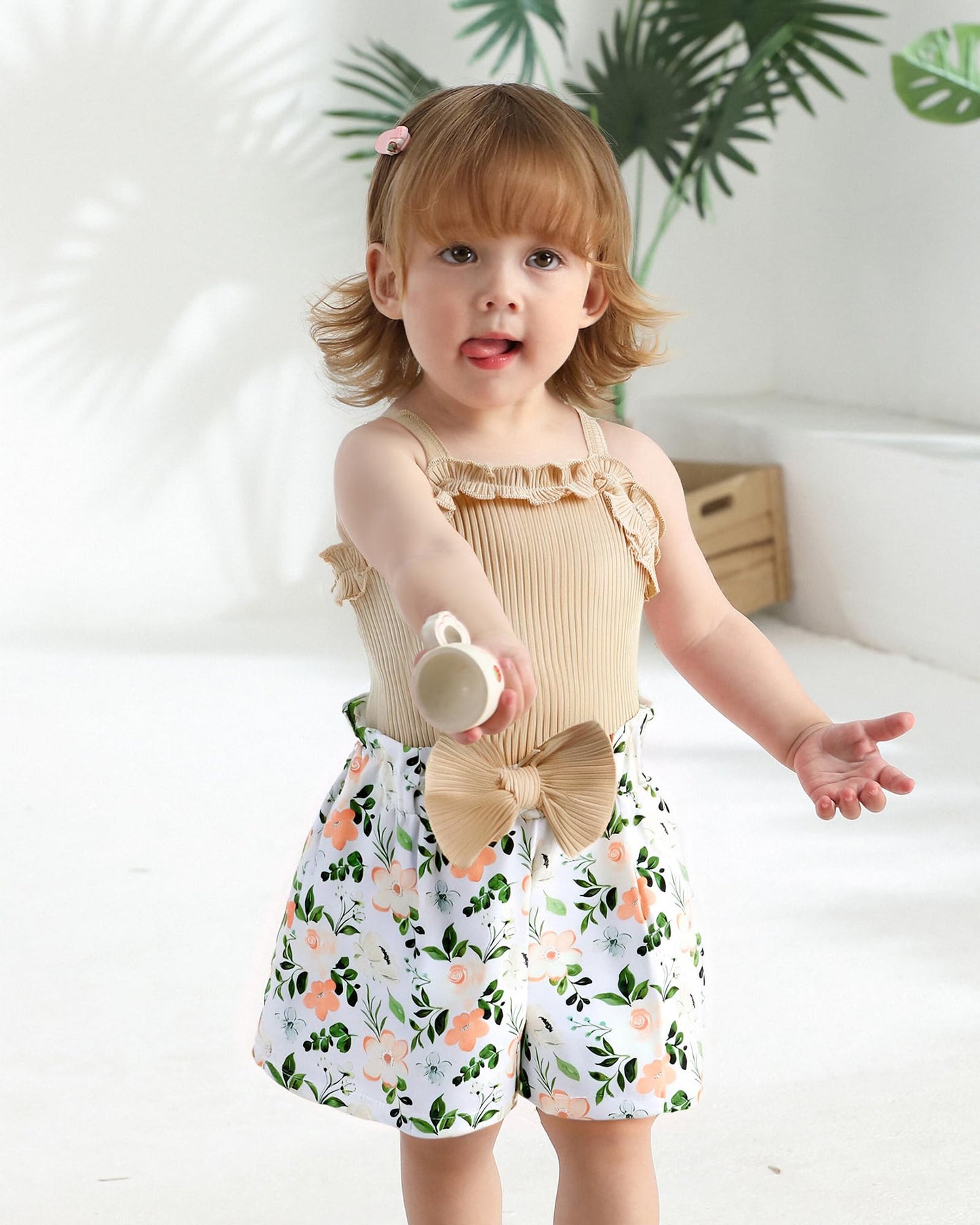 Kucnuzki Toddler Baby Girl Clothes Sleeveless Tank Tops Ruffle Halter Shirts Floral Shorts 2 Piece Set Summer Outfits