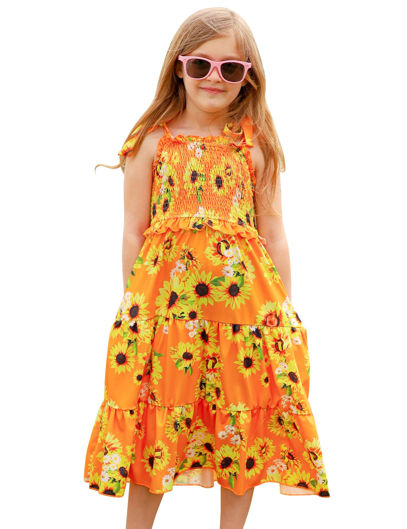Kids4ever Girls Spaghetti Strap Dress 6-12Y Kids Sleeveless Cami Dresses Summer Beach Smocked Tiered Sundress with Pockets