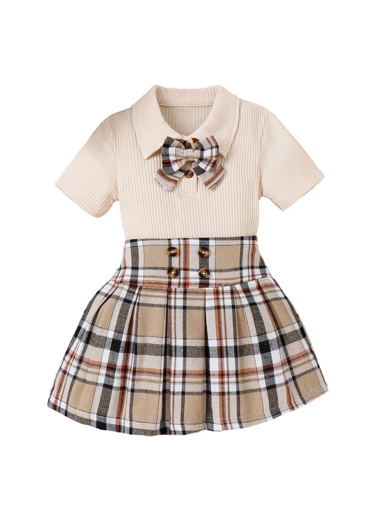 WDIRARA Toddler Girl's 2 Piece Outfit Bow Front Short Sleeve Tee and Plaid Pleated Aline Skirt Set