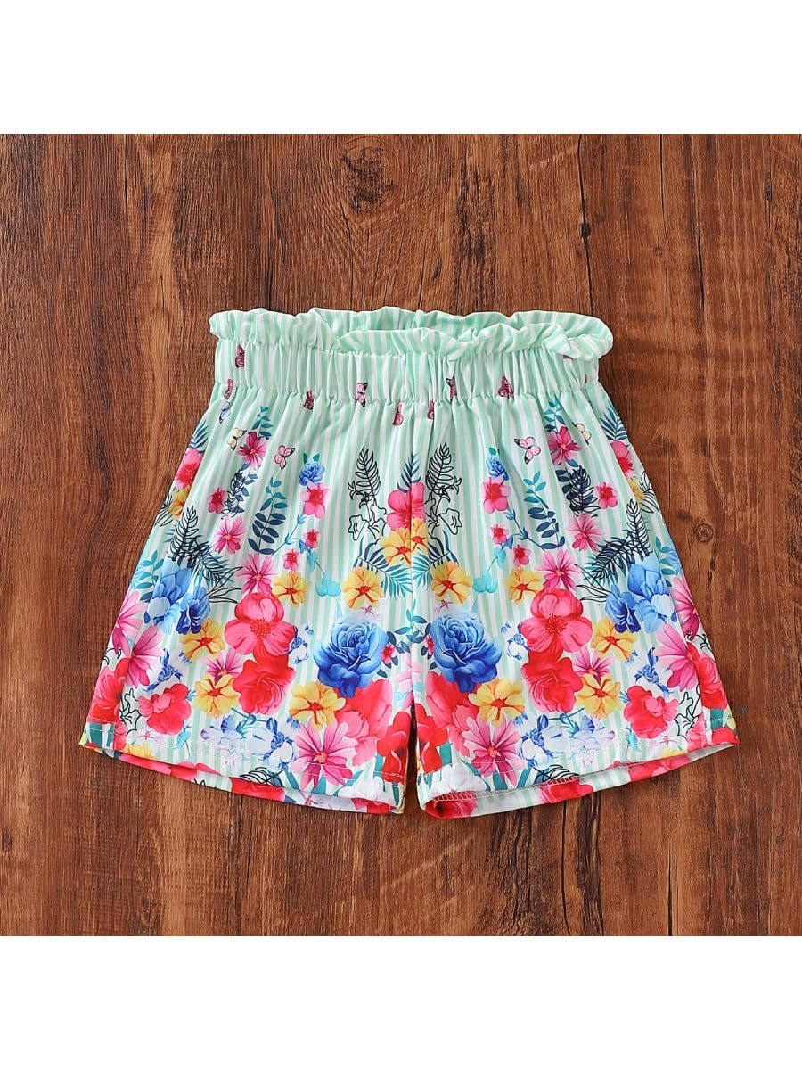 Kids Toddler Girls Summer Clothes Button Design Striped Tank Top + Floral-Print Elastic Shorts 2 Piece